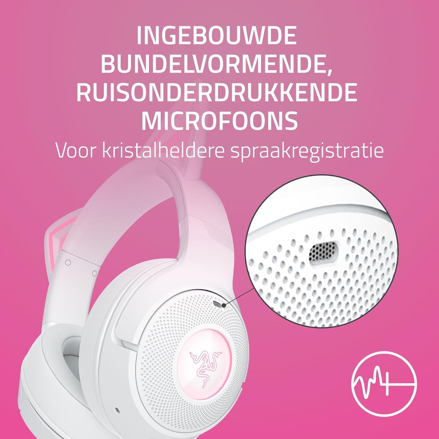 Headset close-up. Text: Built-in noise-cancelling microphones.