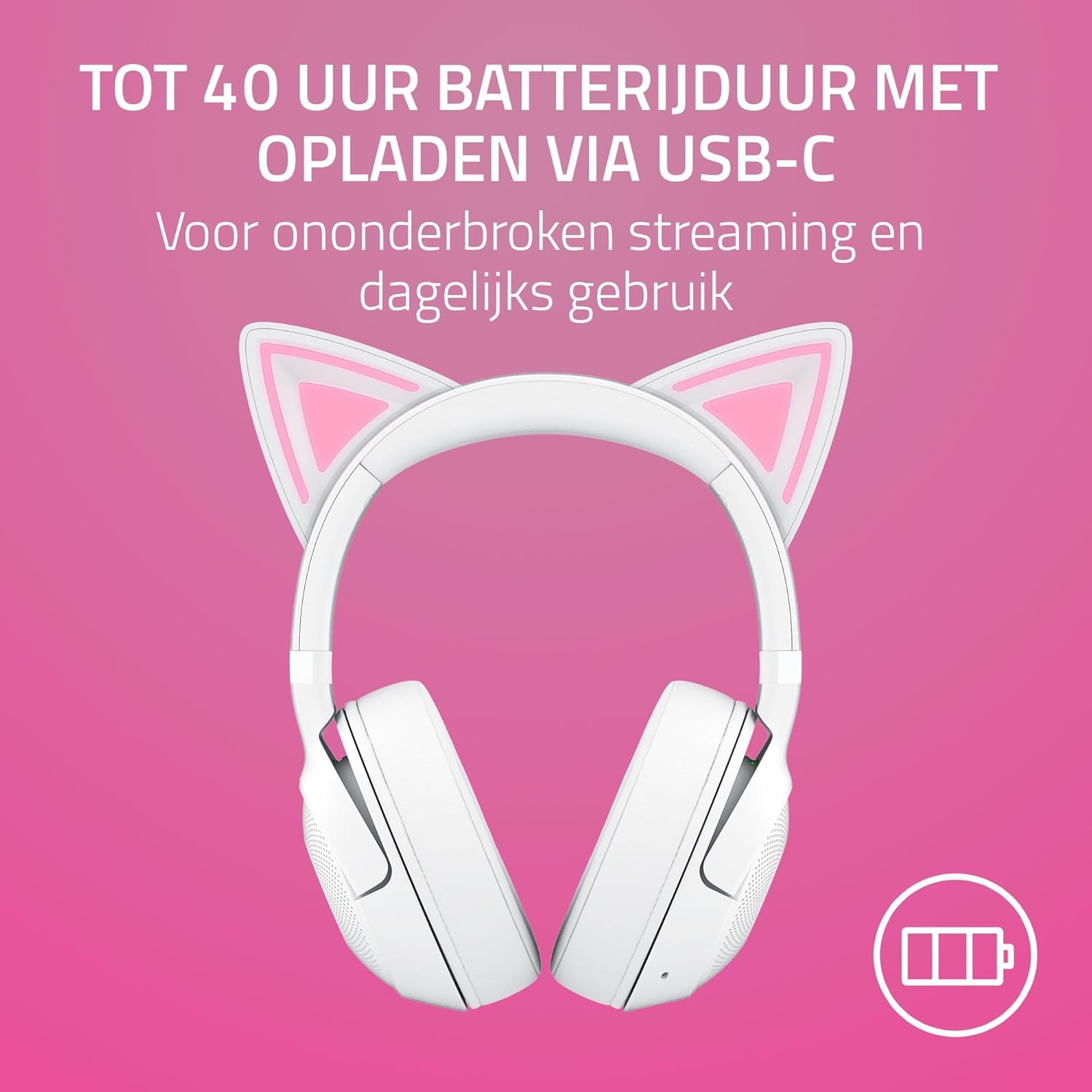 White headset with cat ears. Text: Up to 40 hours battery life with USB-C charging.