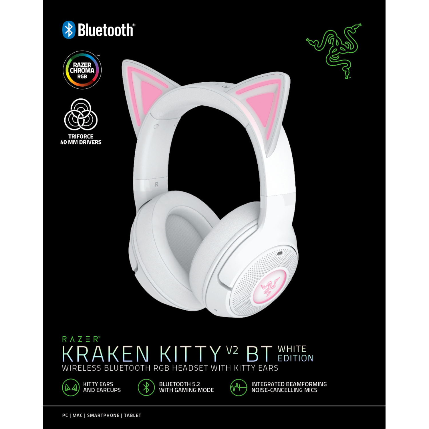 Casque Razer Kraken Kitty V2 BT blanc avec oreilles de chat et accents roses. Fond noir.