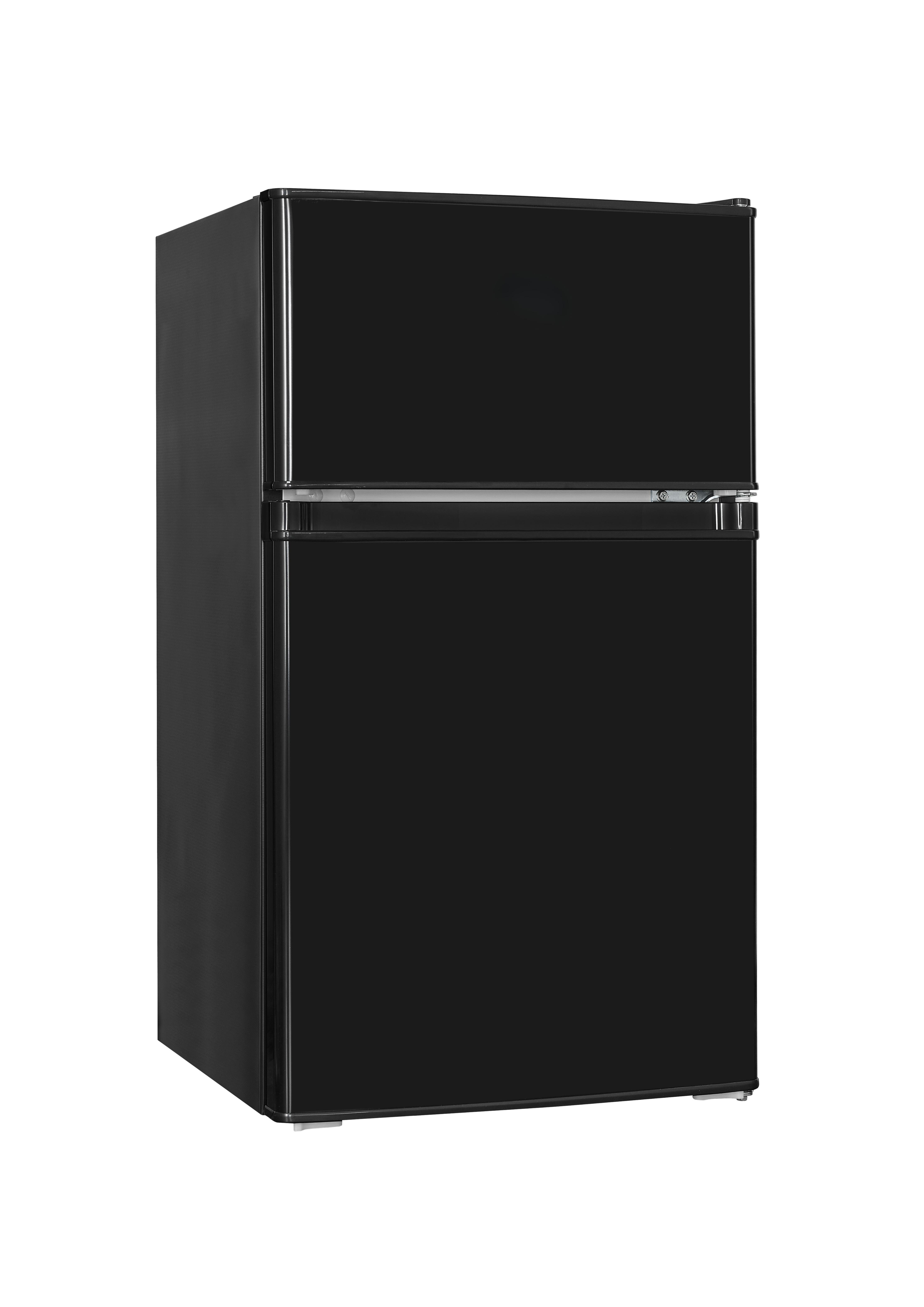 Schwarz-weißer Kühlschrank mit offener Tür. Weißes Innere mit Essen darin.