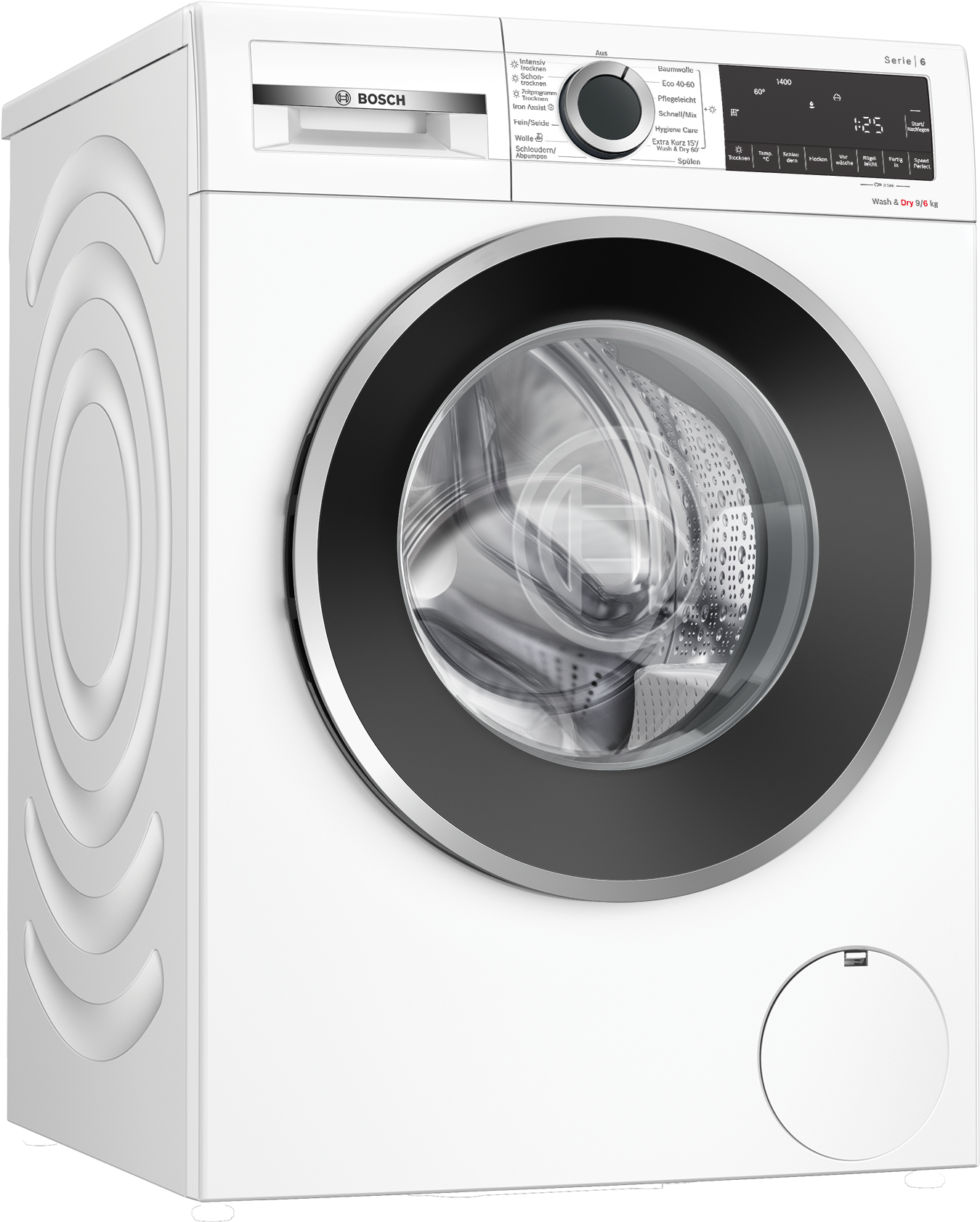 Weiße Bosch Waschmaschine, Seitenansicht, mit dunklem Türring.