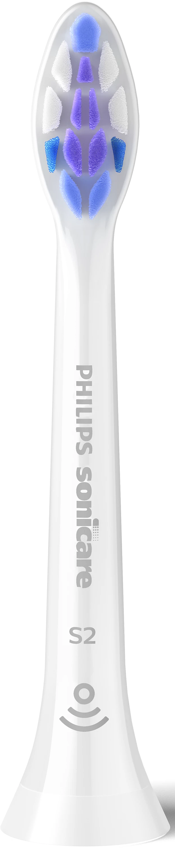 Nahaufnahme eines weißen Philips Sonicare Zahnbürstenkopfes mit blauen und violetten Borsten.