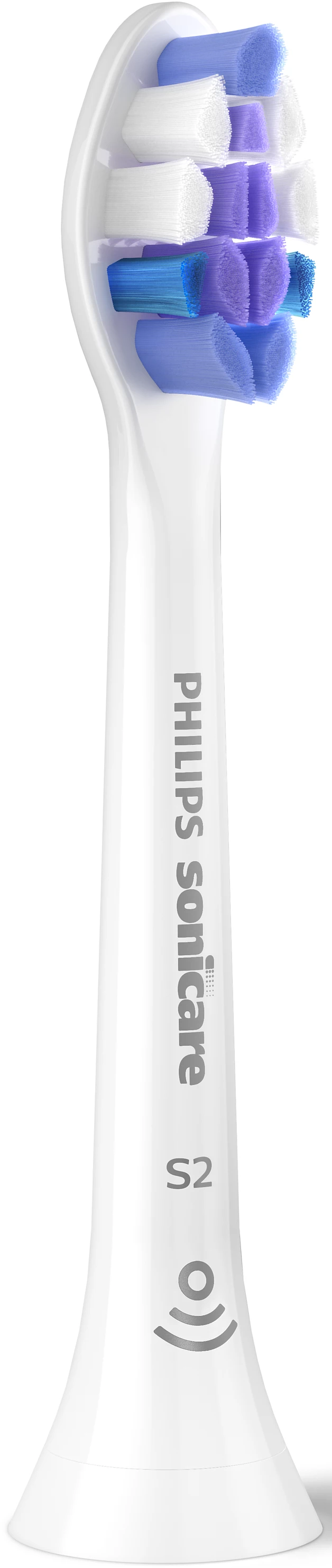 Nahaufnahme eines weißen Philips Sonicare Zahnbürstenkopfes mit Borsten in Weiß, Blau und Lila.
