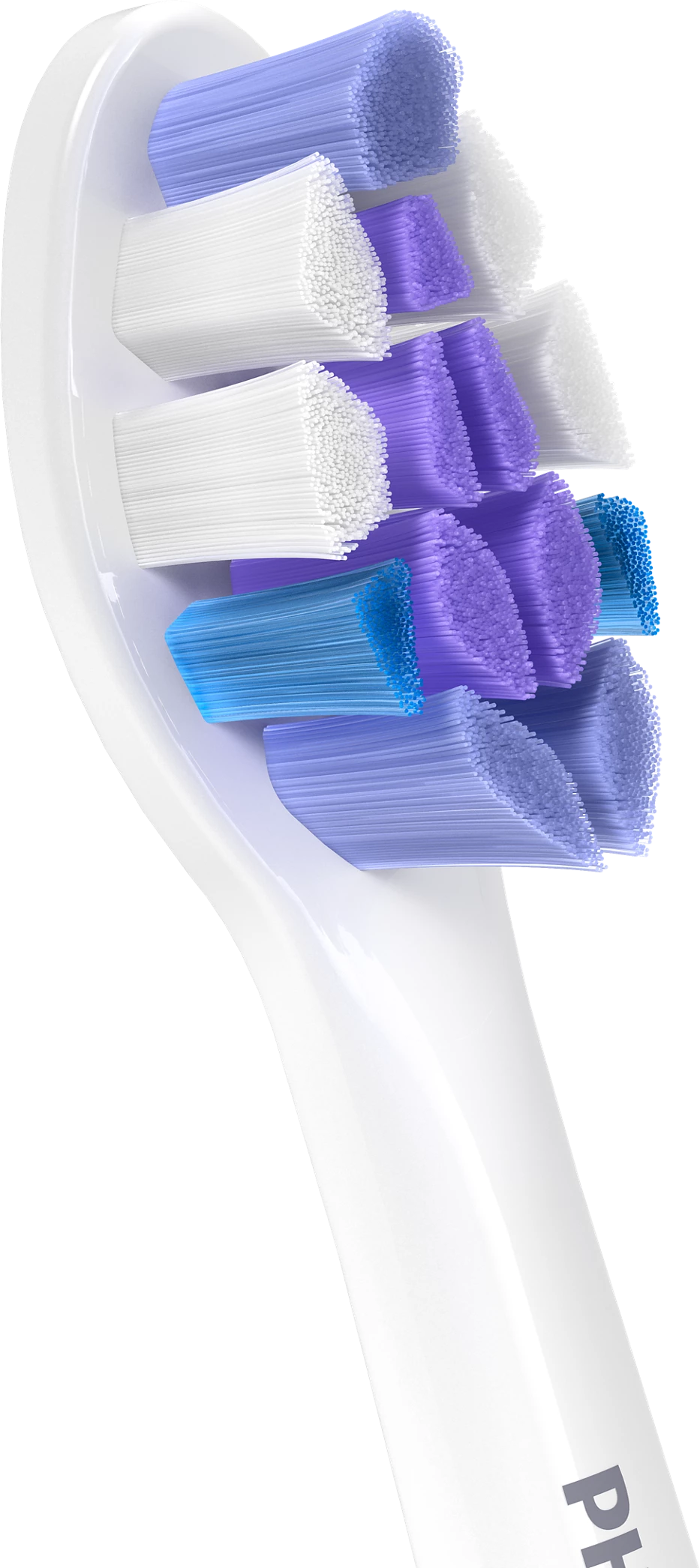 Nahaufnahme des weißen Philips Sonicare Zahnbürstenkopfes mit weißen, blauen und violetten Borsten.