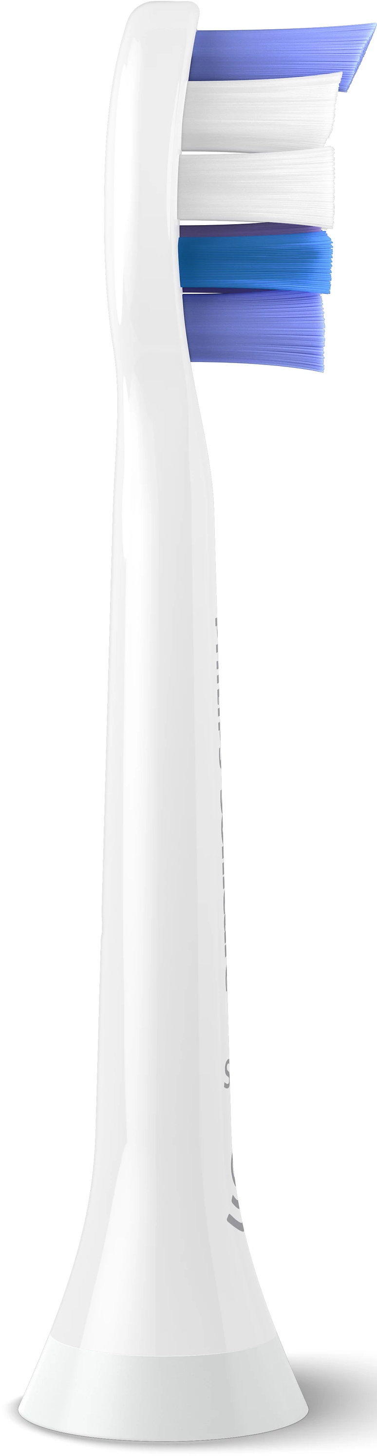 Seitenansicht eines weißen Philips Sonicare Zahnbürstenkopfes mit blauen und weißen Borsten.