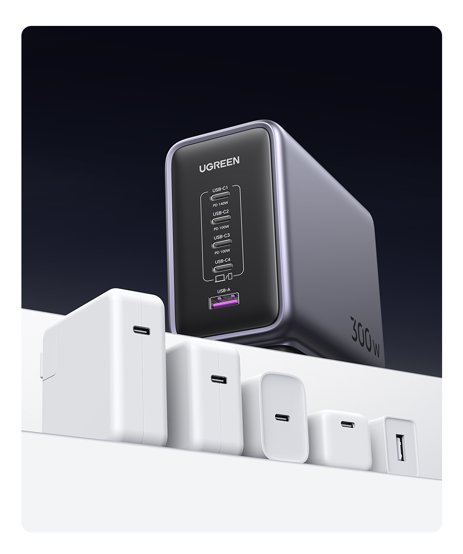 Çoklu USB portlu ve şarj bloklu bir UGREEN şarj istasyonu.