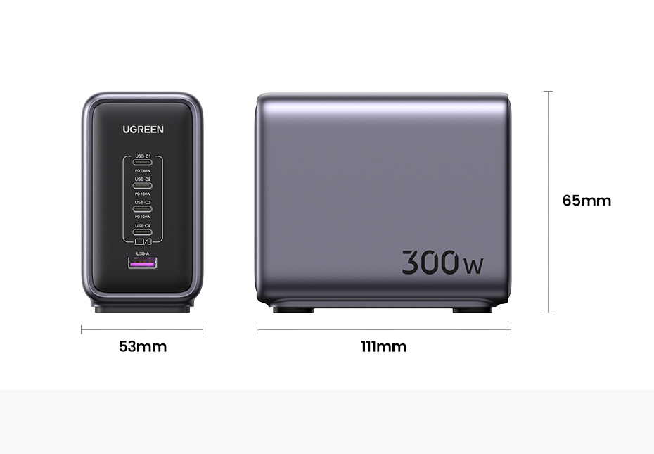 UGREEN şarj cihazı, boyutlar ve metin, 300W.