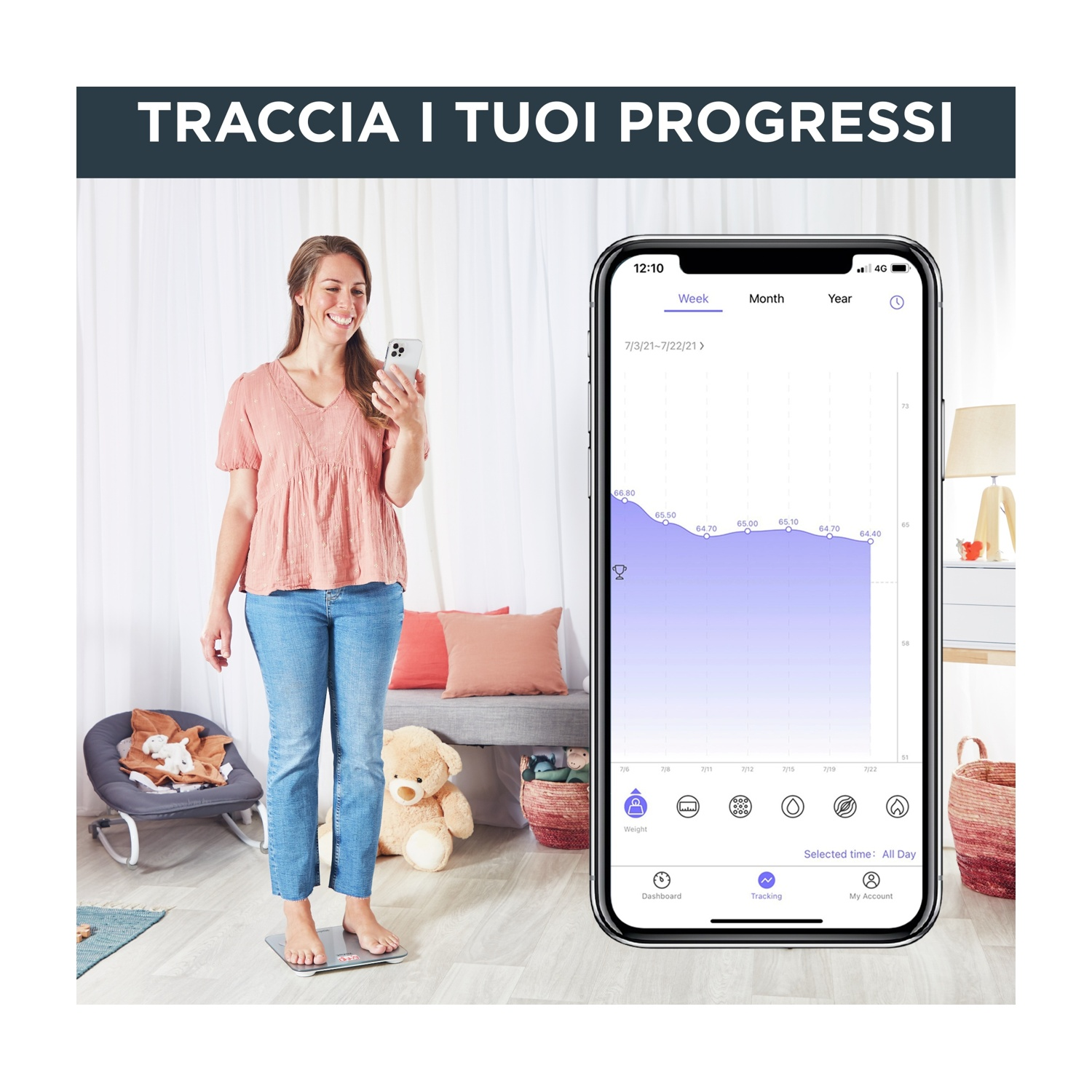 Donna in piedi sulla bilancia, guarda il telefono mostrando il grafico del peso.