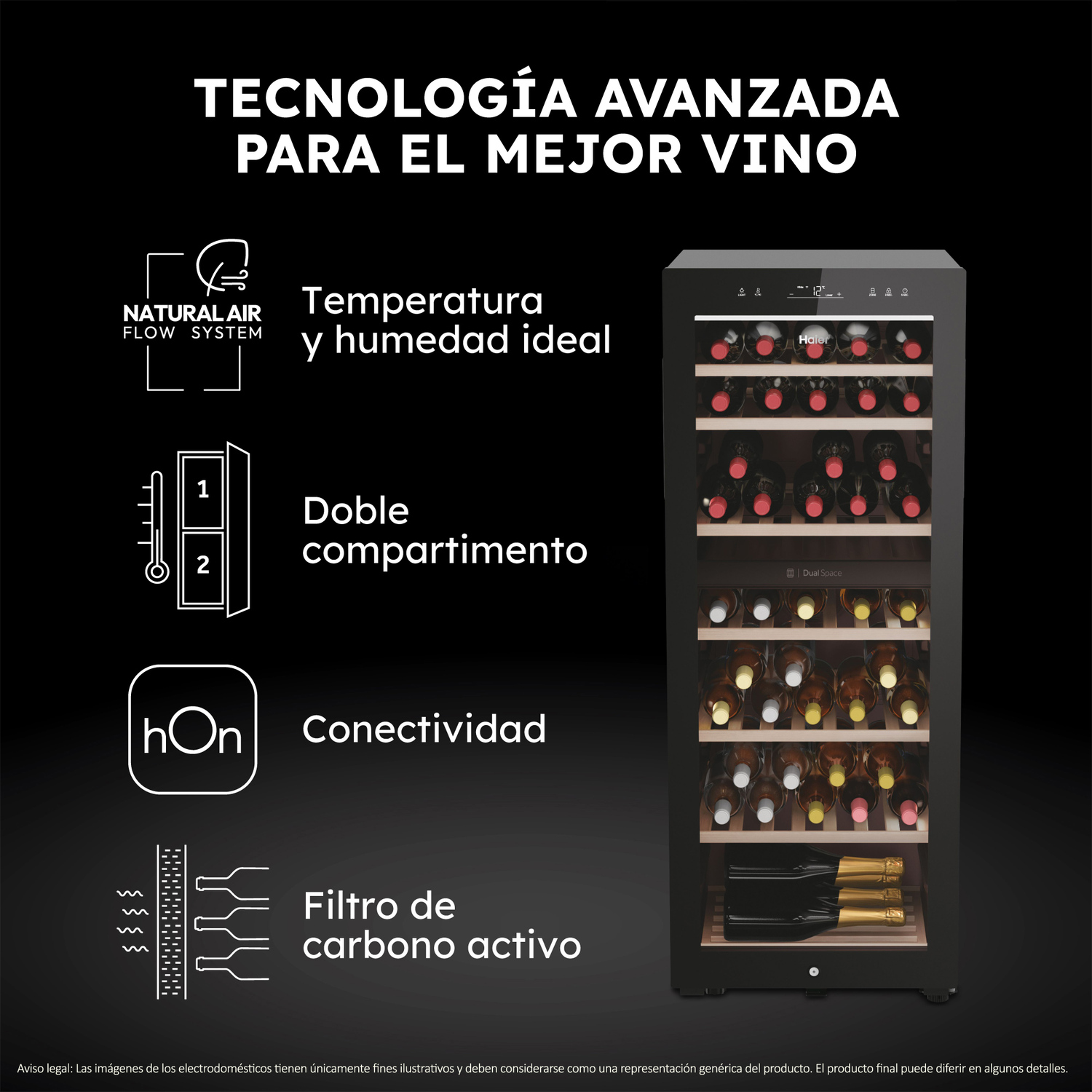 Una vinoteca con iconos. Características incluyen Natural Air Flow, doble compartimento y filtro de carbono.