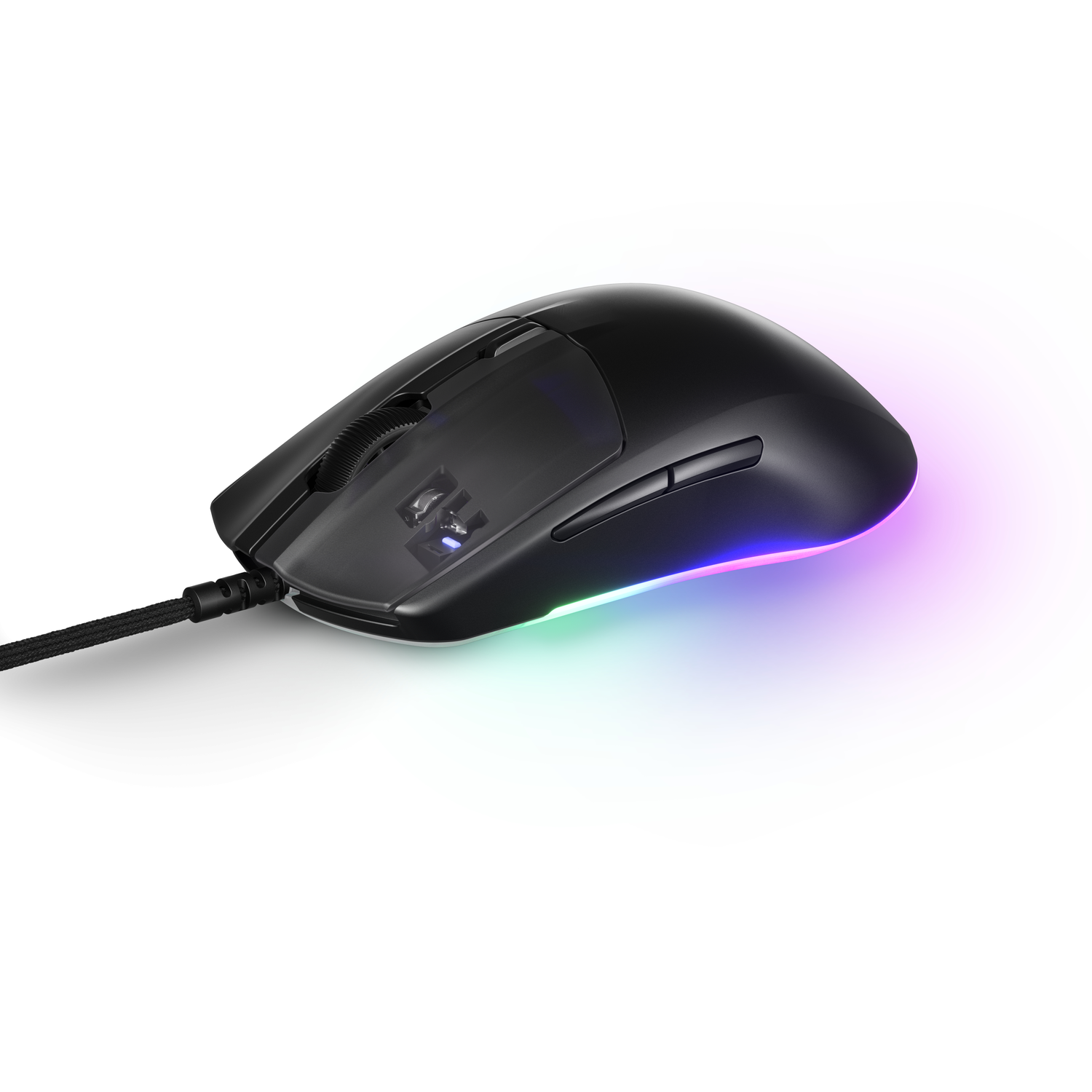 Black gaming mouse with rainbow lights, side view showing the design with a cord.