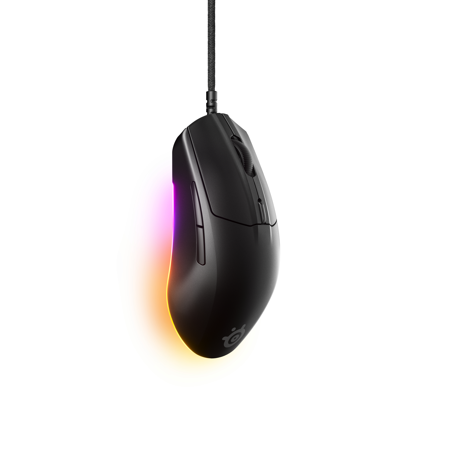 Black gaming mouse with rainbow lights, side view with cord and SteelSeries logo.