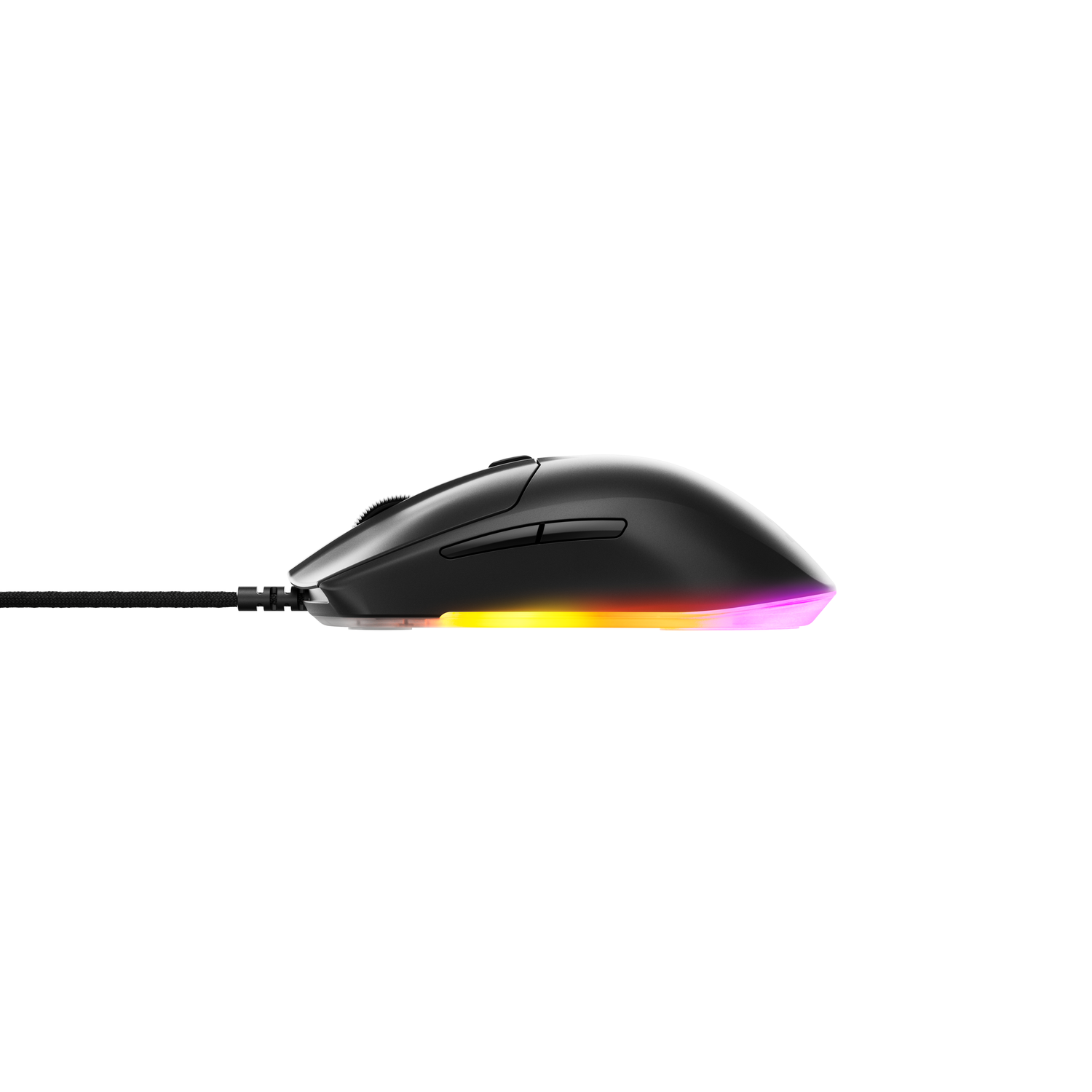 Side view of a black gaming mouse, showing rainbow lights along the edge.