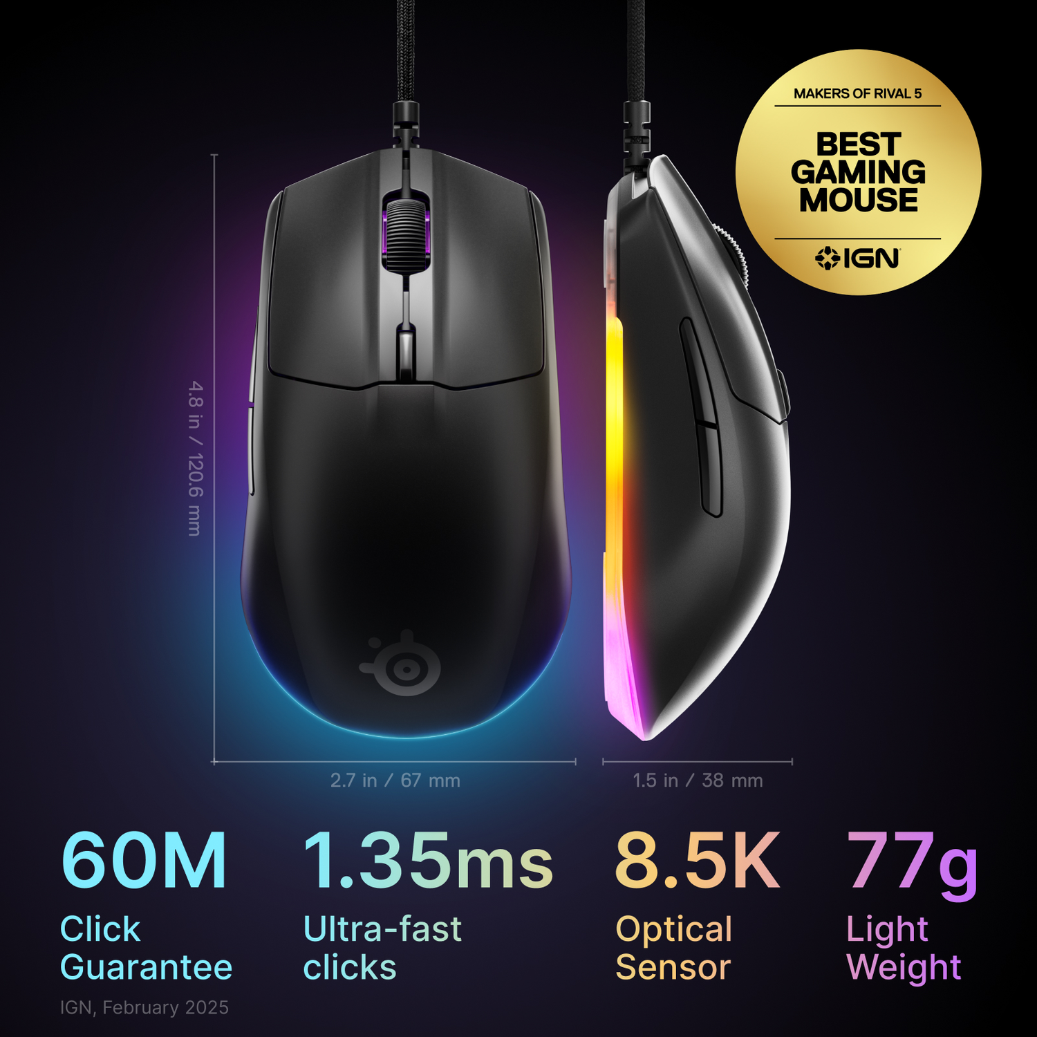 Black gaming mouse with specifications and dimensions on a blue background.