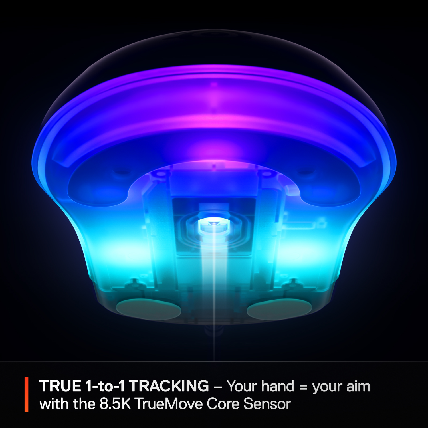 Gaming mouse underside with colorful lights, close-up showcasing internal components.
