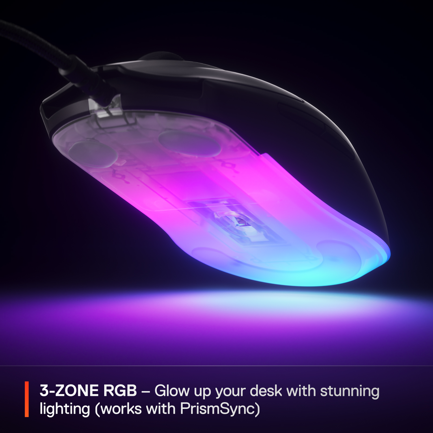 Close-up of a gaming mouse highlighting the 3-zone RGB lighting.