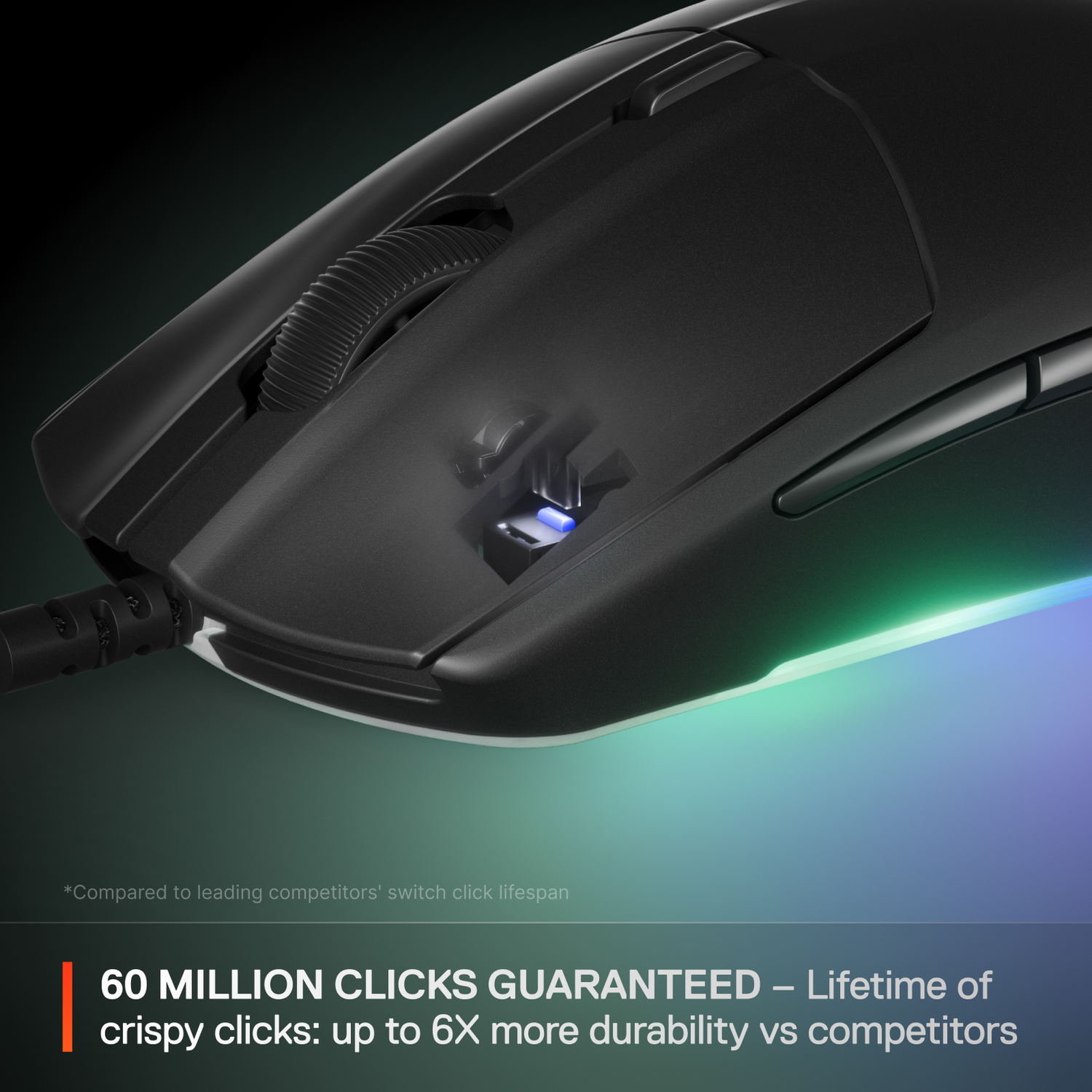 Gaming mouse detail, showing the click mechanism and the text '60 million clicks guaranteed'.