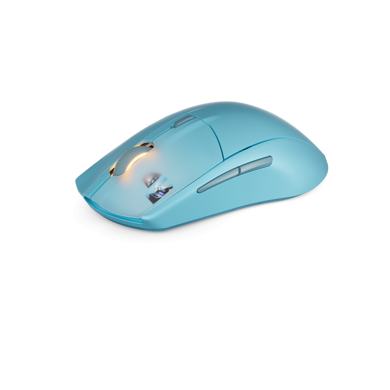 Light blue SteelSeries mouse. The mouse is seen from the side with a white background.
