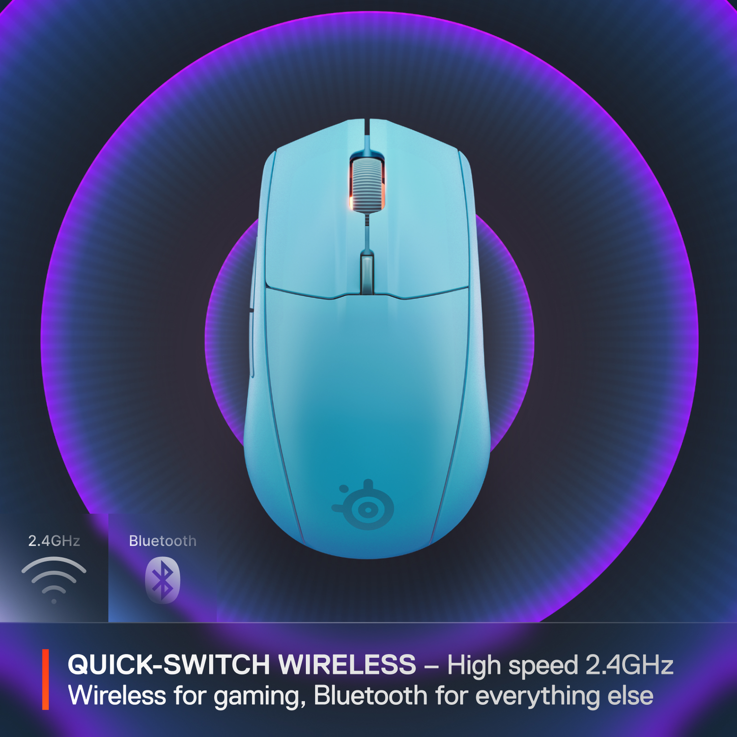 Blue mouse on purple and blue background. Text: 2.4GHz & Bluetooth. Quick-Switch Wireless.