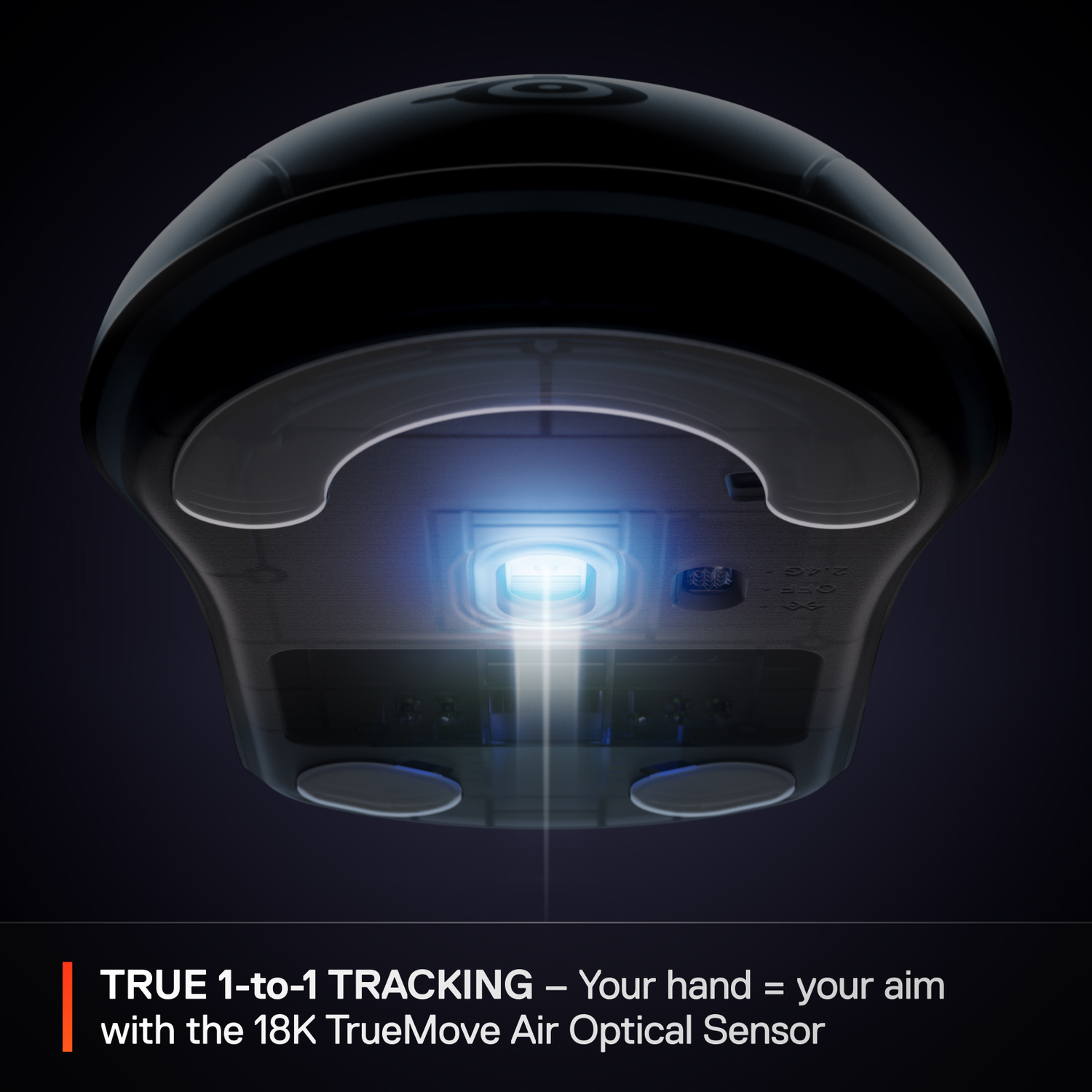Black mouse underside. Text: True 1-to-1 tracking. 18K TrueMove Air Optical Sensor.
