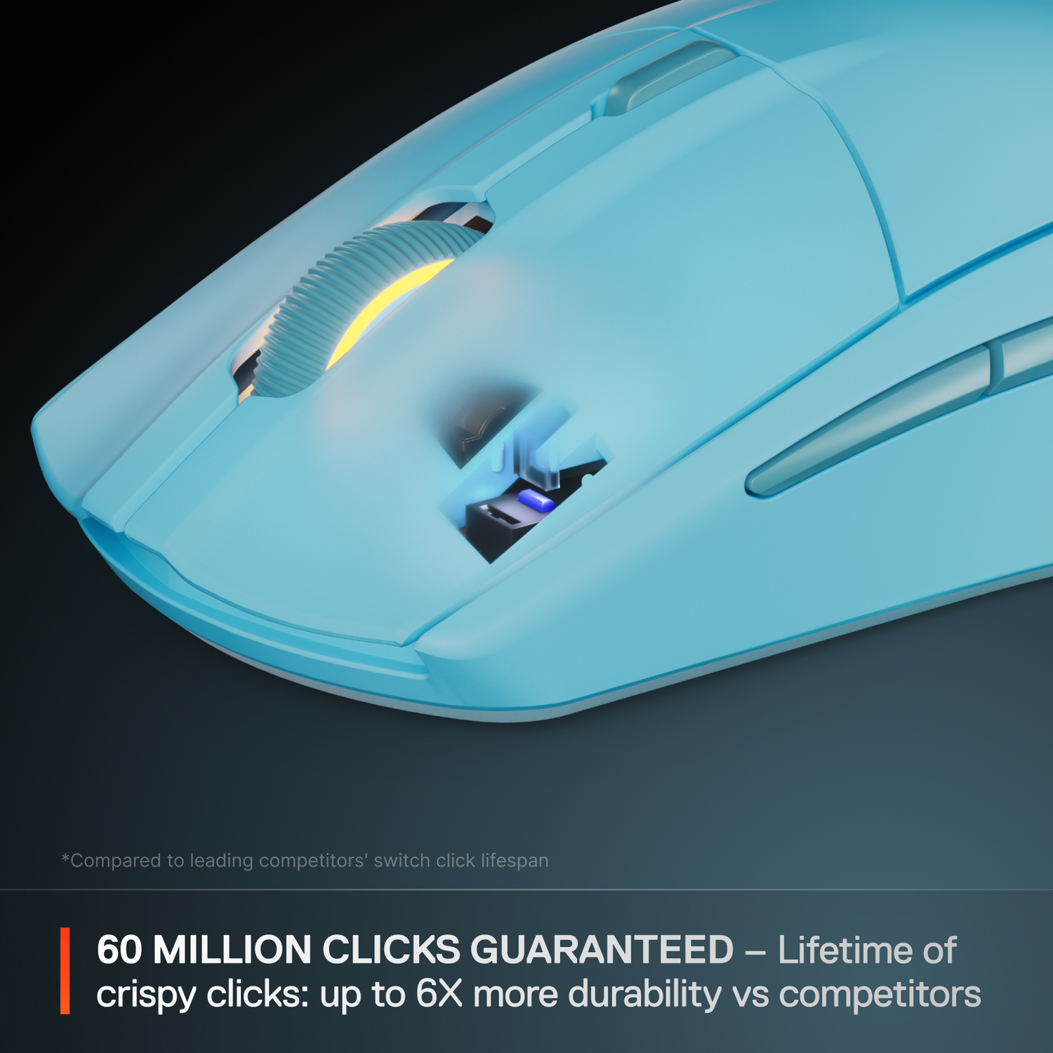Blue mouse detail. Text: 60 million clicks guaranteed. Lifetime of crispy clicks.