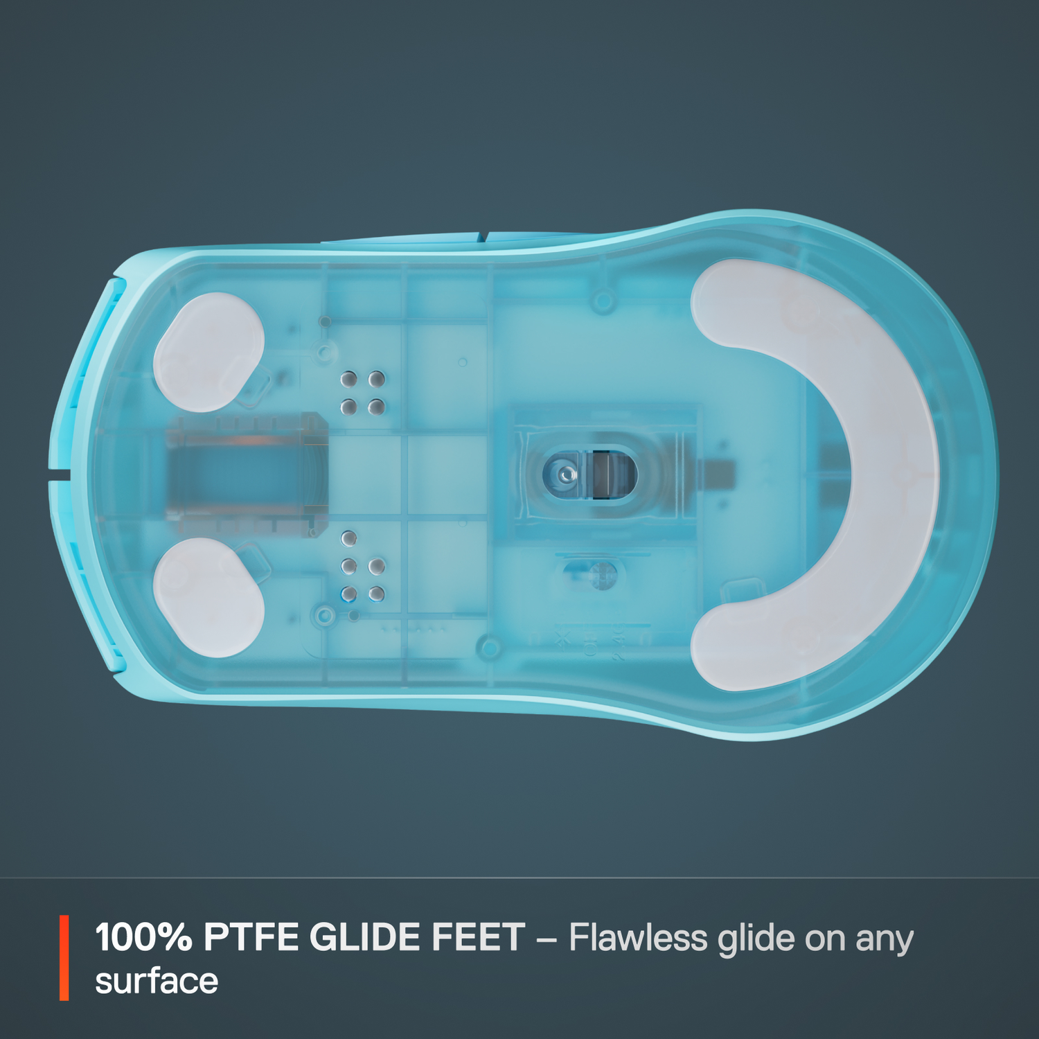 Blue mouse underside. Text: 100% PTFE glide feet. Flawless glide on any surface.