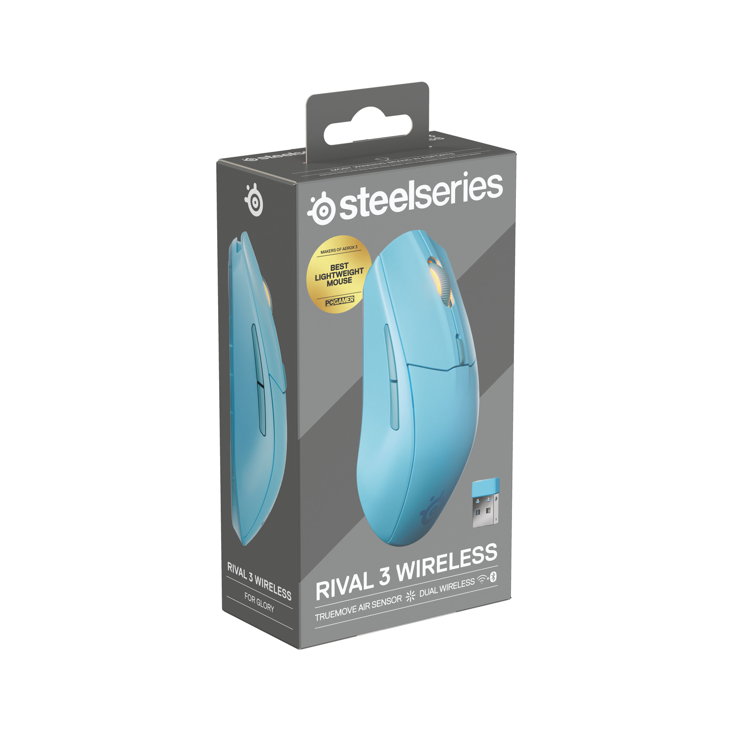Box with a blue mouse inside. Text: Rival 3 Wireless. For Glory. Dual Wireless.