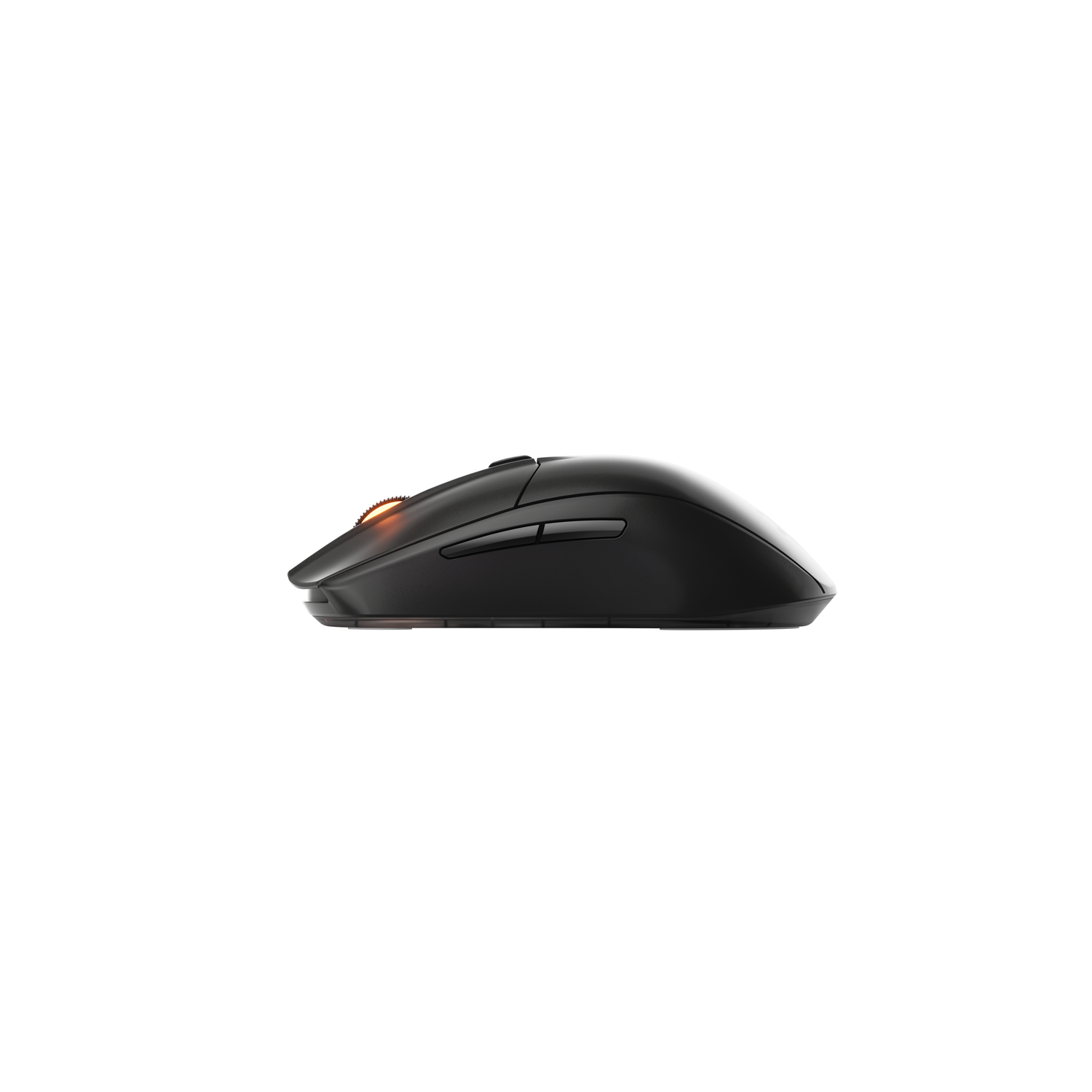 Side view of a black mouse. Orange light on the scroll wheel. Isolated on white.