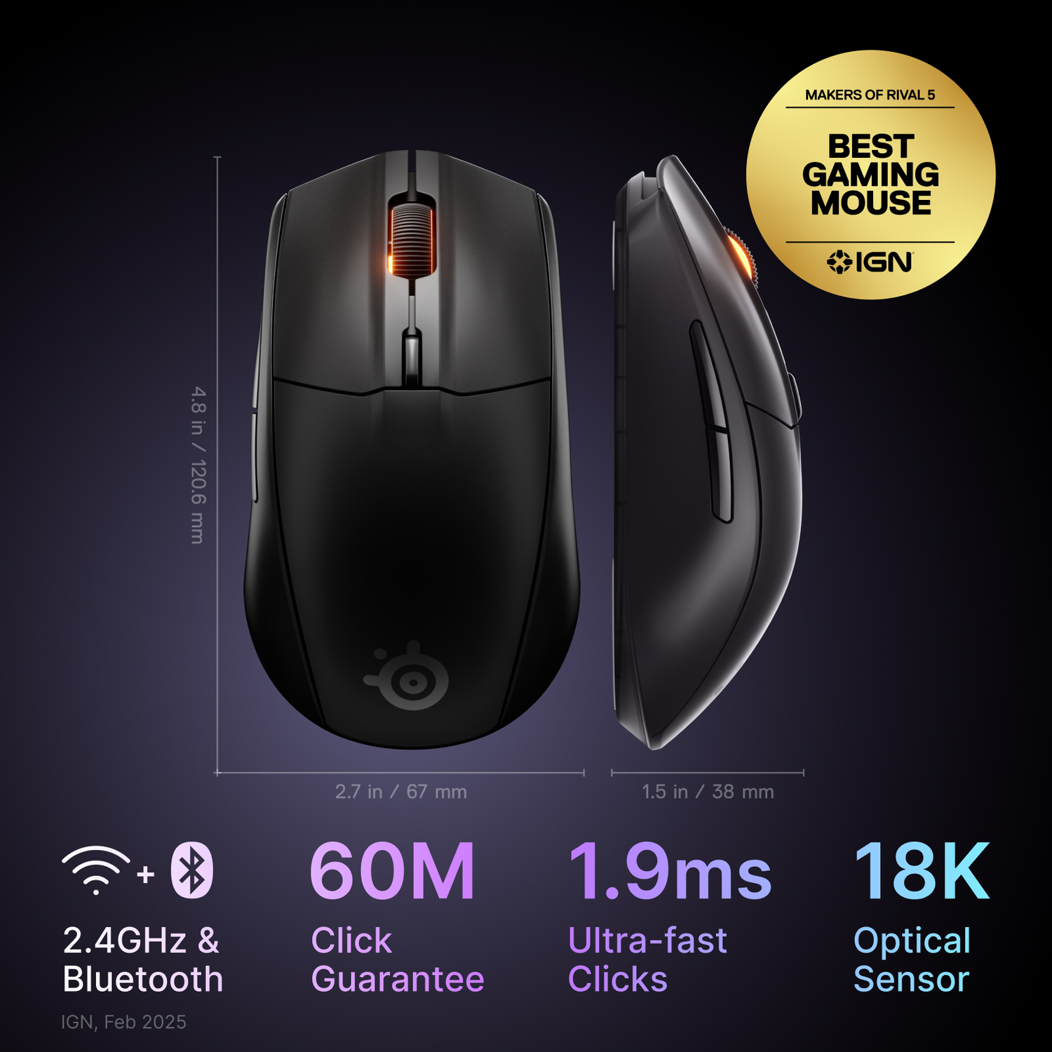 Black mouse with dimensions. Text: 60M clicks, 1.9ms clicks, 18K sensor. Best gaming mouse IGN.