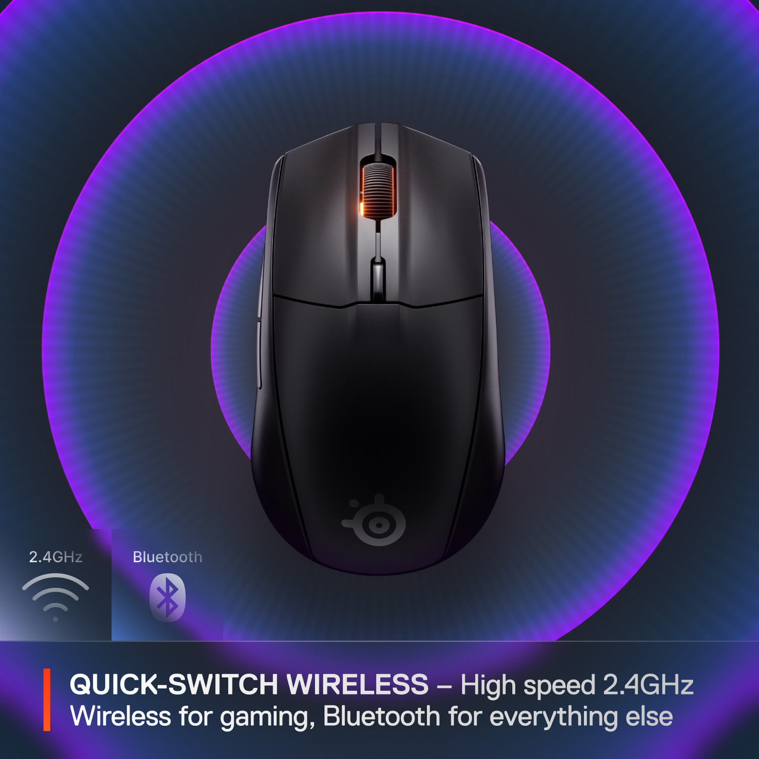 Black mouse on purple and blue background. Text: 2.4GHz & Bluetooth. Quick-Switch Wireless.