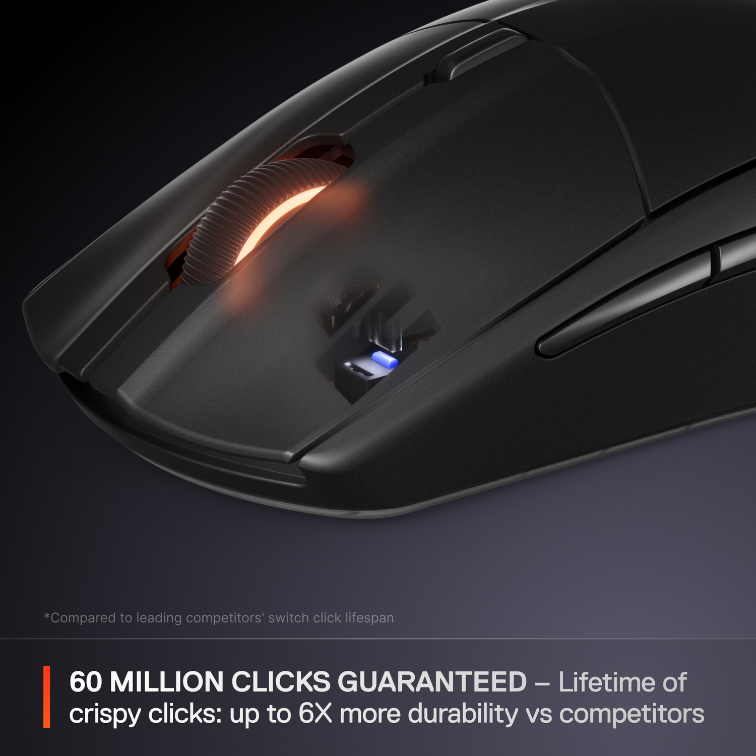 Black mouse side view. An orange light shines from the scroll wheel. Text at the bottom.