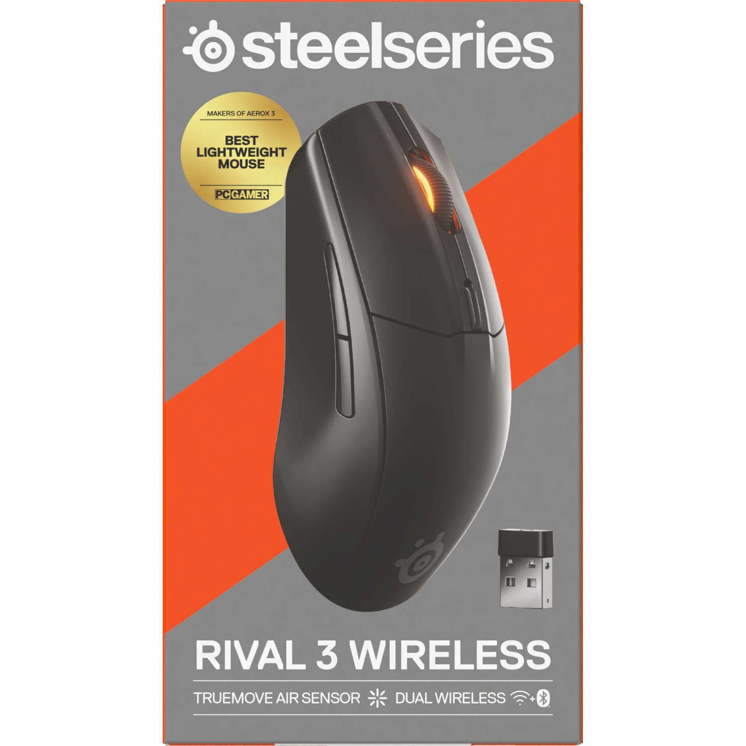 Black mouse in a box. The box is gray and has the SteelSeries logo. Text at the bottom.