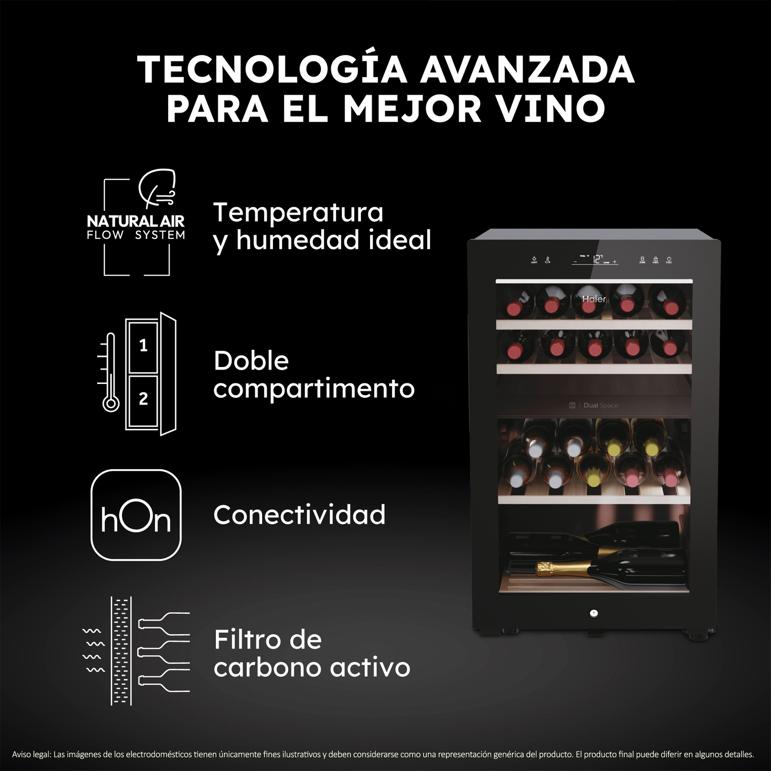 Diagrama de una nevera para vinos que muestra características: Flujo de aire natural, compartimentos duales, conectividad y filtro de carbono.