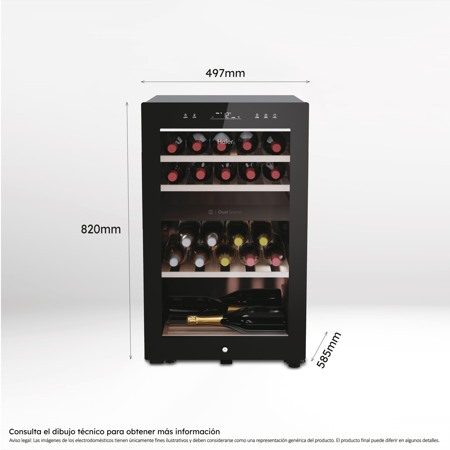 Dimensiones de la nevera para vinos mostradas. 820 mm de altura, 497 mm de ancho y 585 mm de profundidad. Nevera negra.
