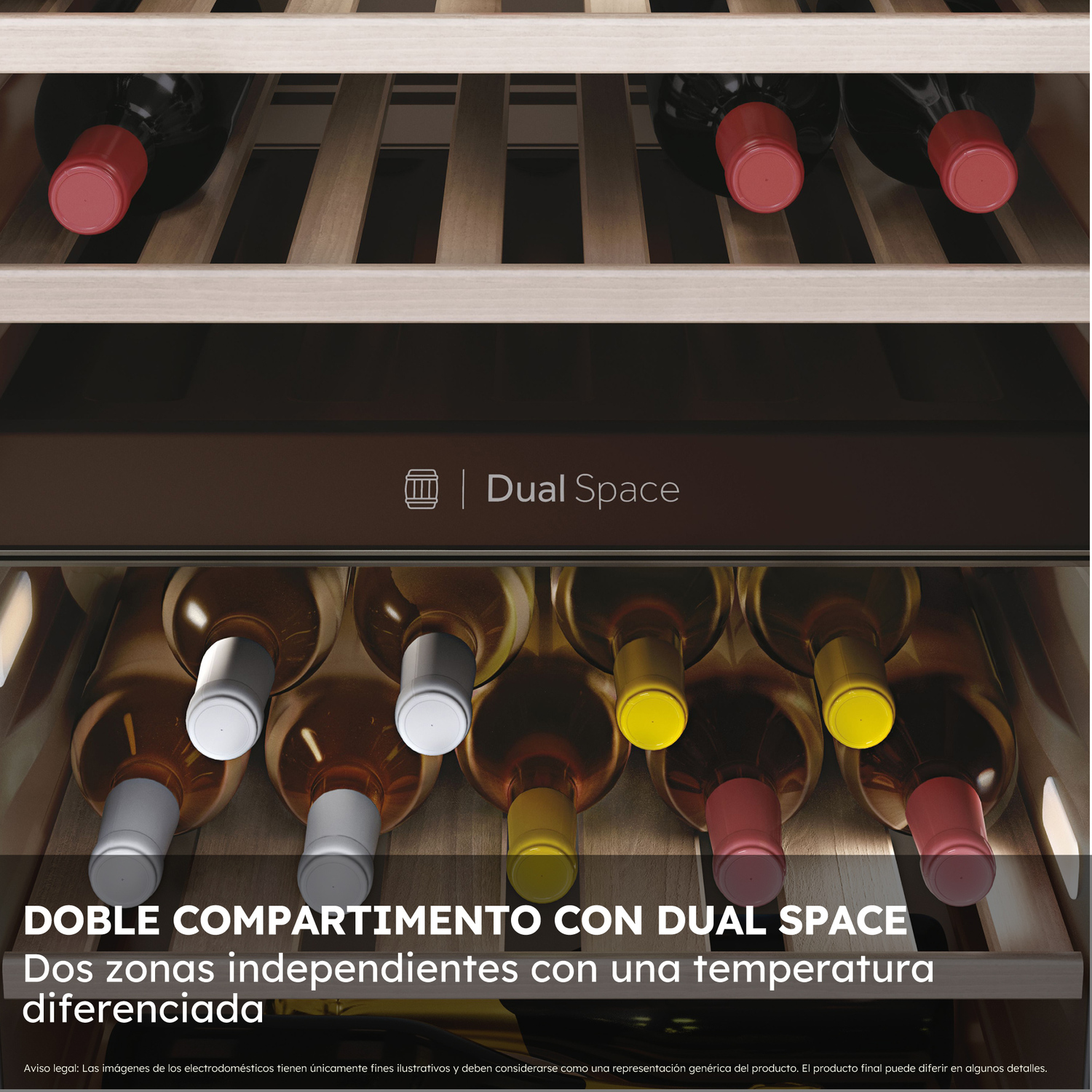 Nevera para vinos con compartimentos duales. Se muestran zonas de temperatura separadas. Botellas en la nevera.