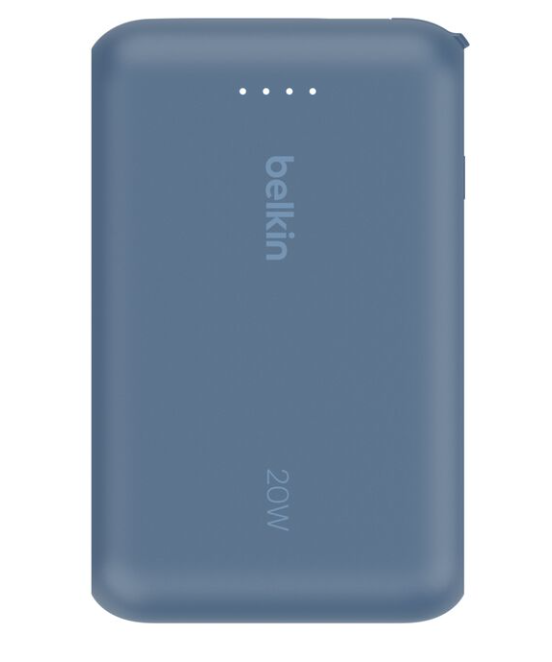Mavi Belkin 20W powerbank. Belkin logosunun üzerinde dört beyaz ışık.