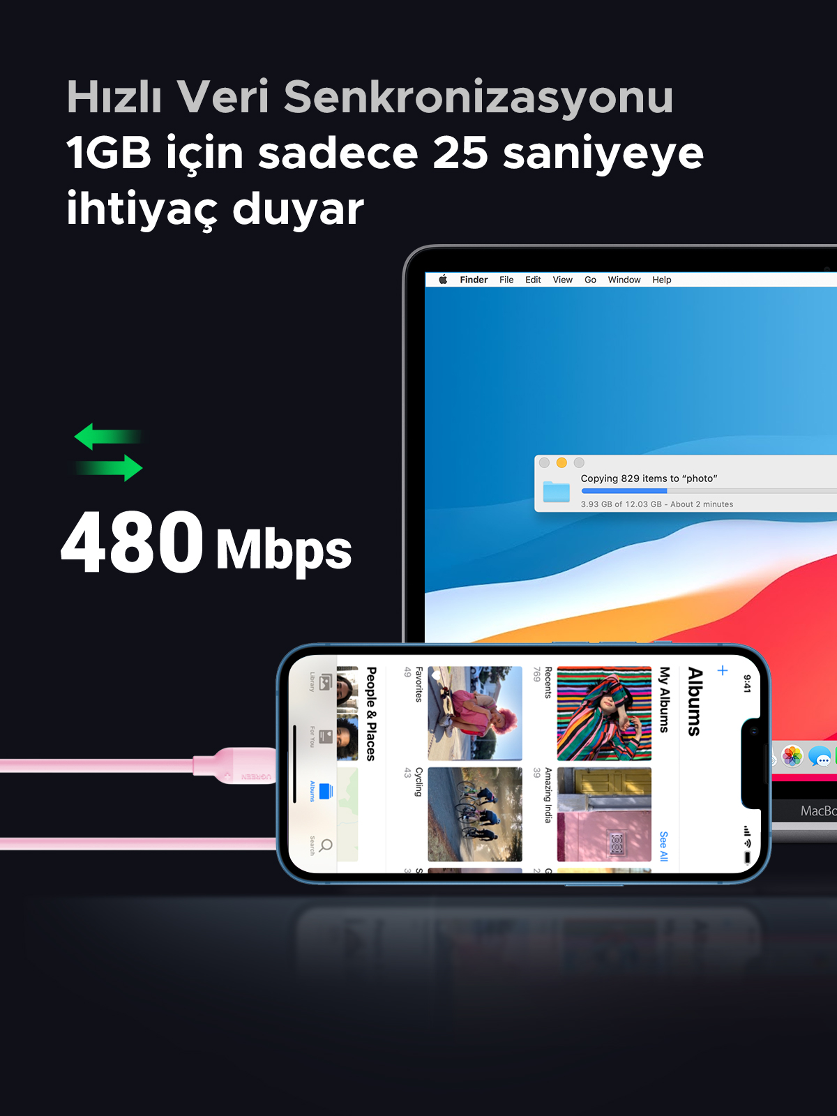 Pembe bir kabloya bağlı iPhone, veri aktarımı yapıyor. Arka planda bir dizüstü bilgisayar.