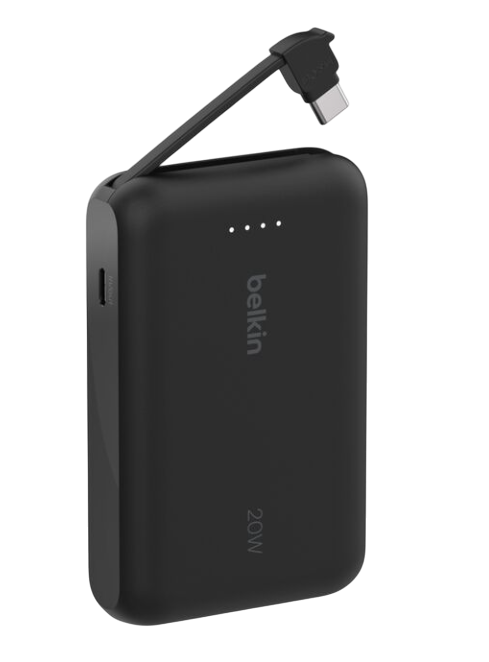 Siyah Belkin powerbank, kablolu. Kablo bağlı. Powerbank üzerinde 20W yazıyor.