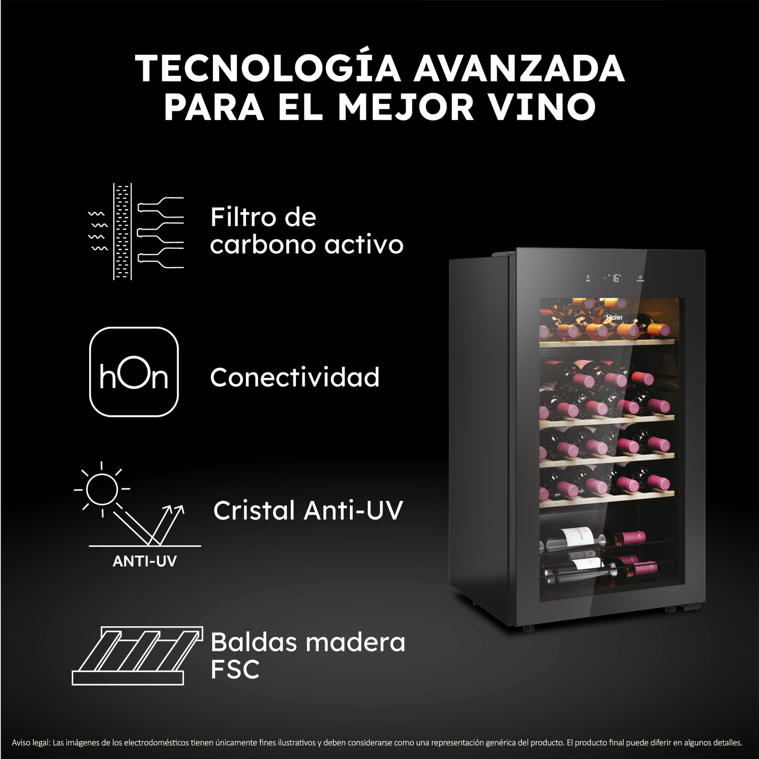 Nevera para vinos con botellas dentro. La imagen también muestra algunas de las características técnicas.