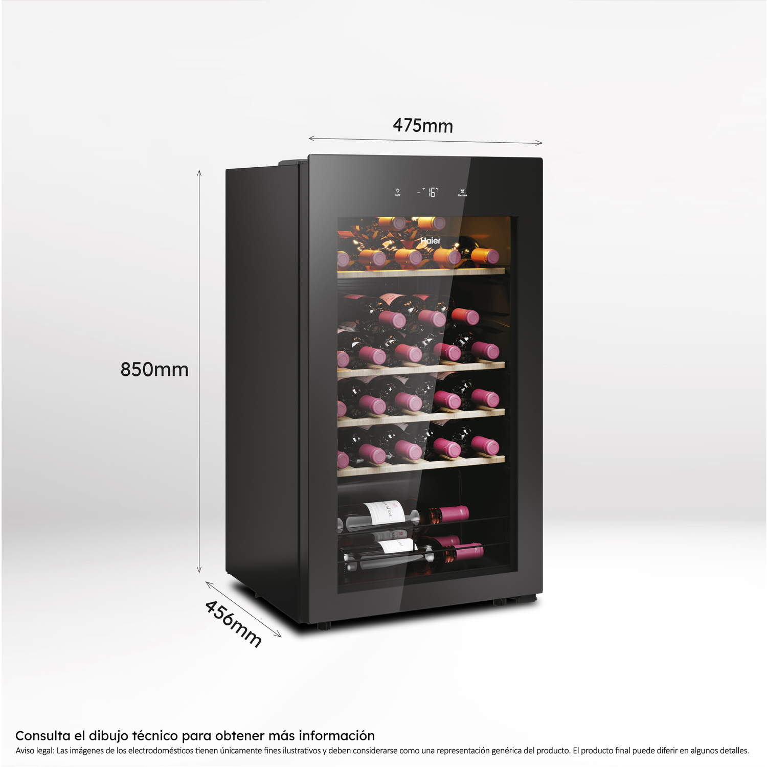 Nevera para vinos con dimensiones etiquetadas. Tiene muchas botellas de vino dentro.