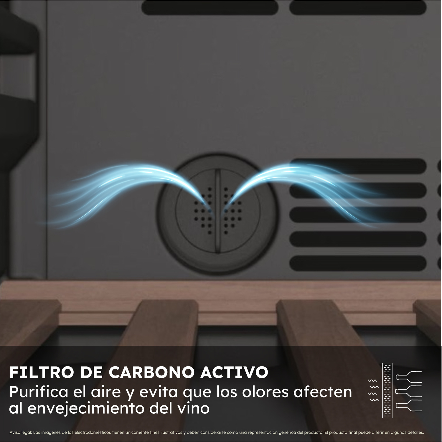 Primer plano del sistema de filtro de una nevera para vinos. Purifica el aire.
