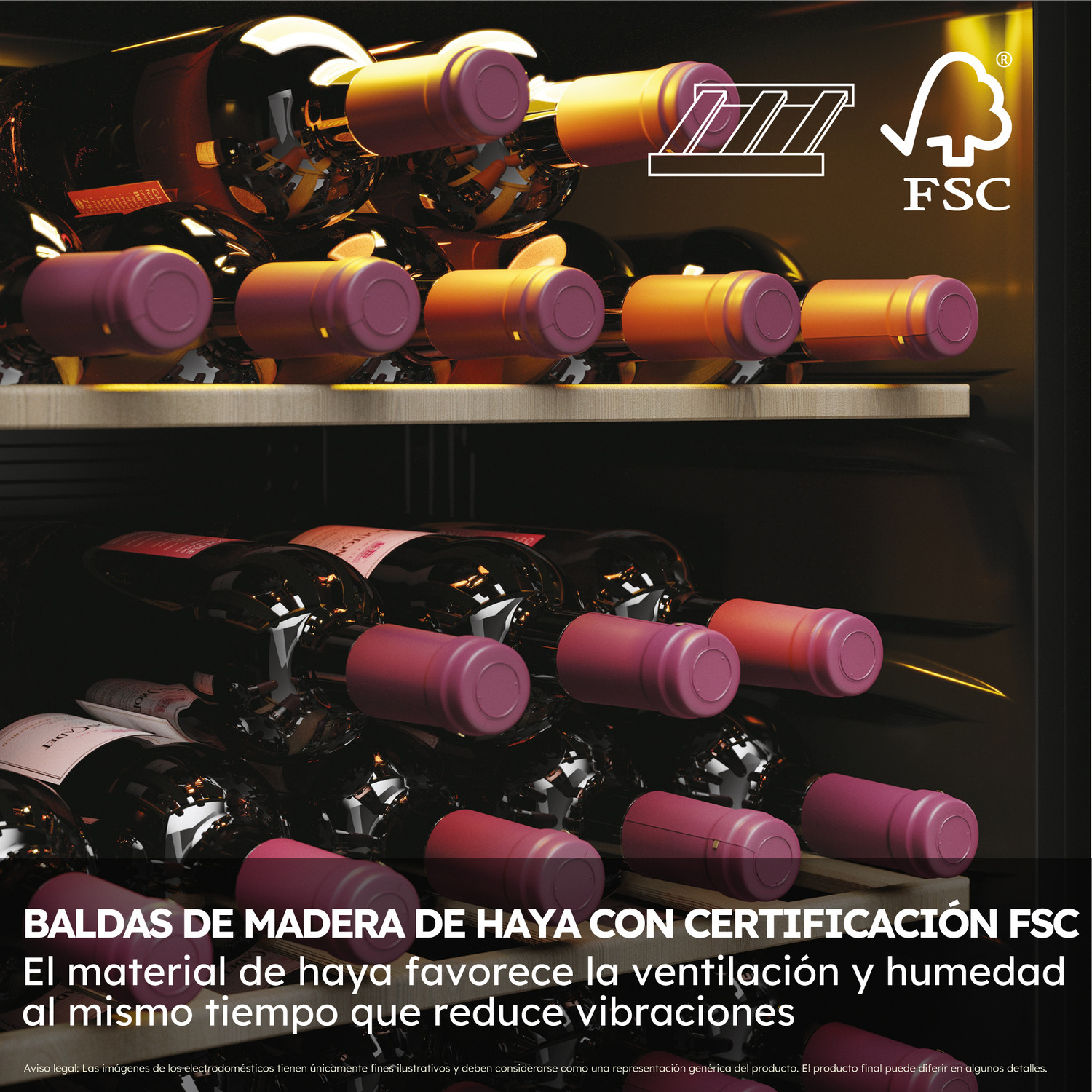 Botellas de vino dentro de una nevera. La nevera tiene estantes de madera de haya con certificación FSC.