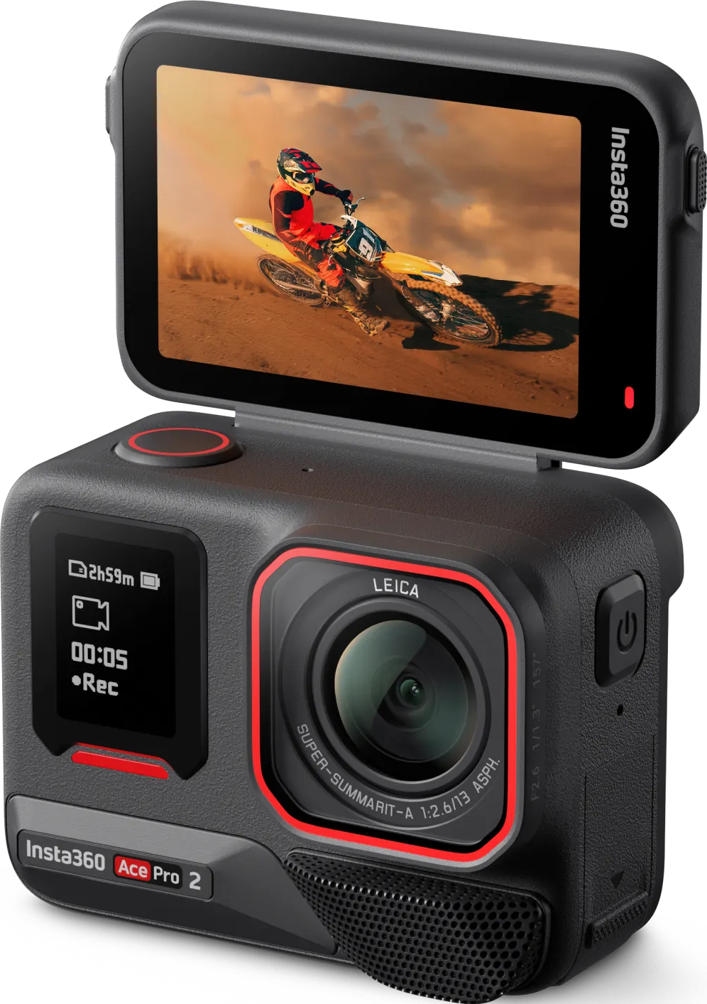 Action-Kamera, die eine Person auf einem Dirtbike zeigt. Bildschirm zeigt Zeit und Aufnahmestatus.