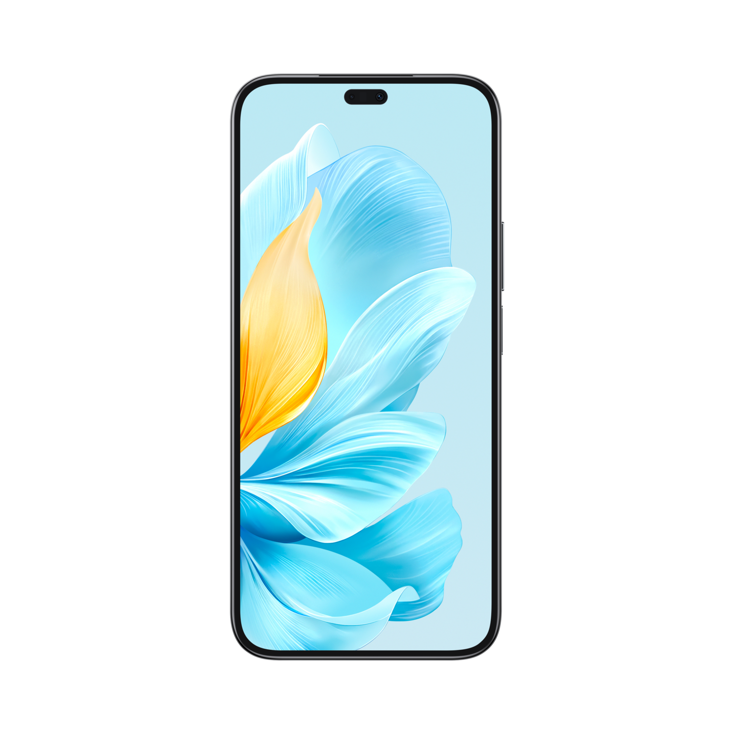 Smartphone met een bloemenachtergrond met blauwe bloemblaadjes en geel centrum op zwarte achtergrond.