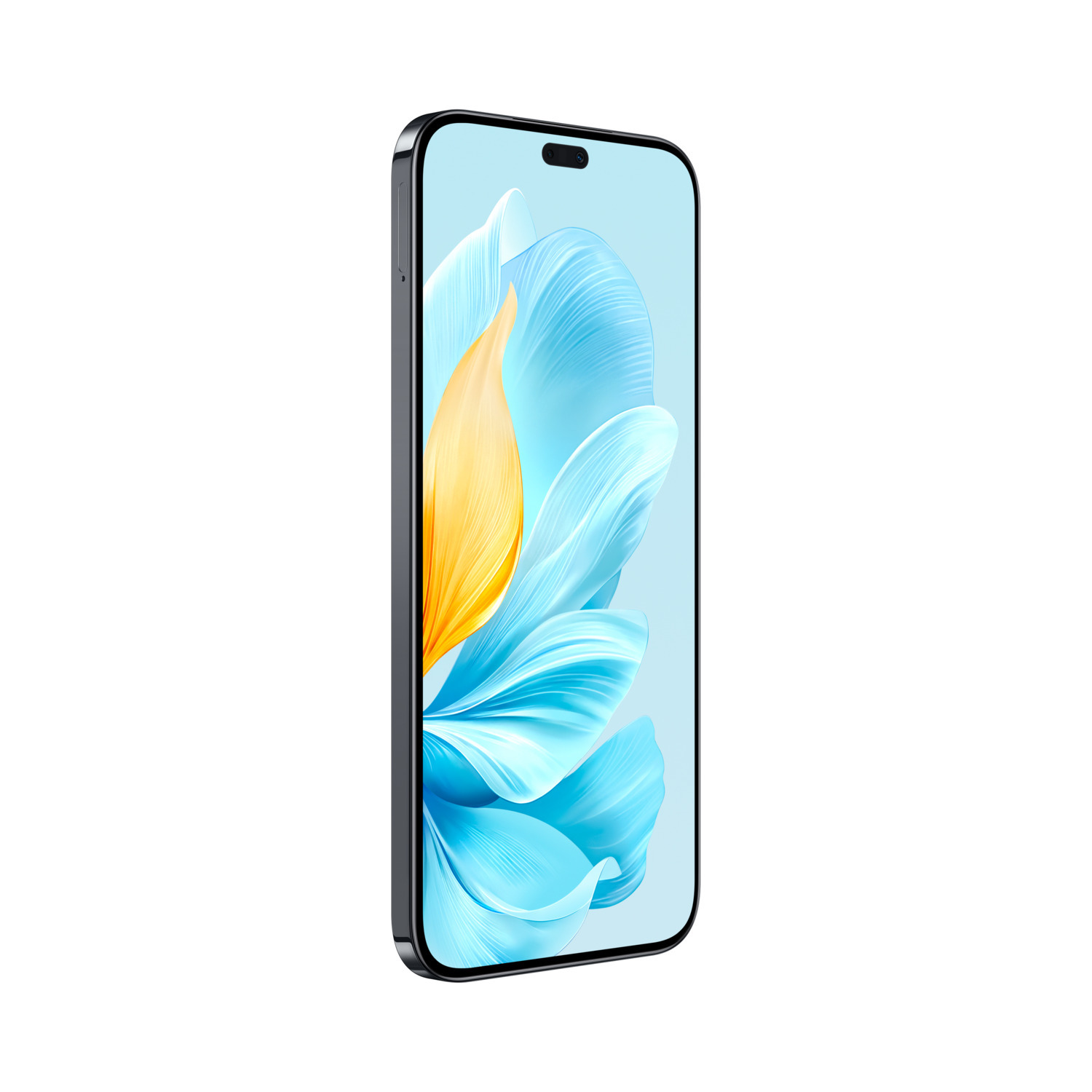 Smartphone met een bloemenachtergrond met blauwe bloemblaadjes en geel centrum op witte achtergrond.