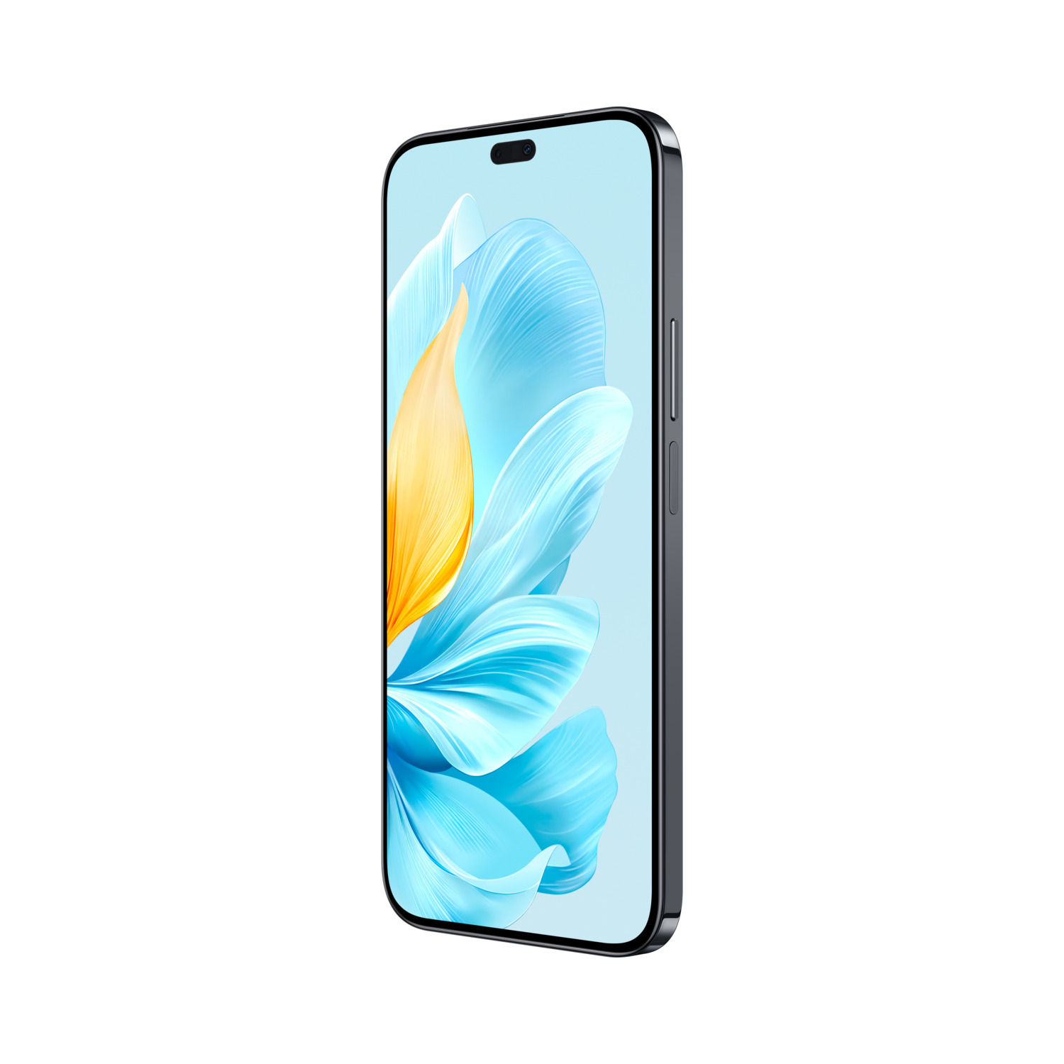 Smartphone met een bloemenachtergrond met blauwe bloemblaadjes en geel centrum op witte achtergrond.