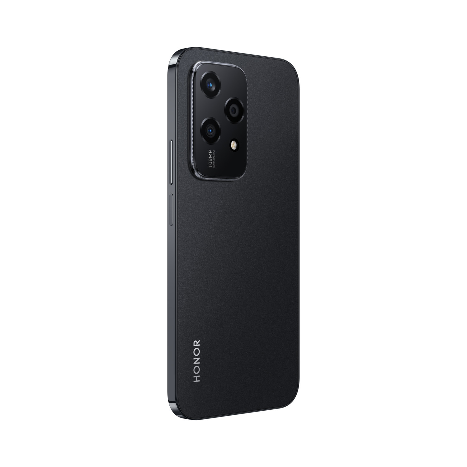 Zwarte HONOR telefoon achterkant met drievoudige cameramodule en HONOR logo op witte achtergrond.