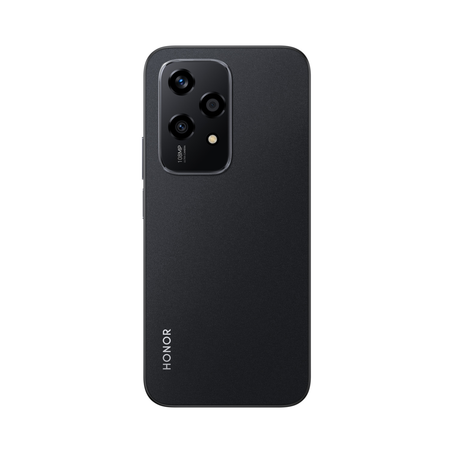 Zwarte HONOR telefoon achterkant met drievoudige cameramodule en HONOR logo op witte achtergrond.