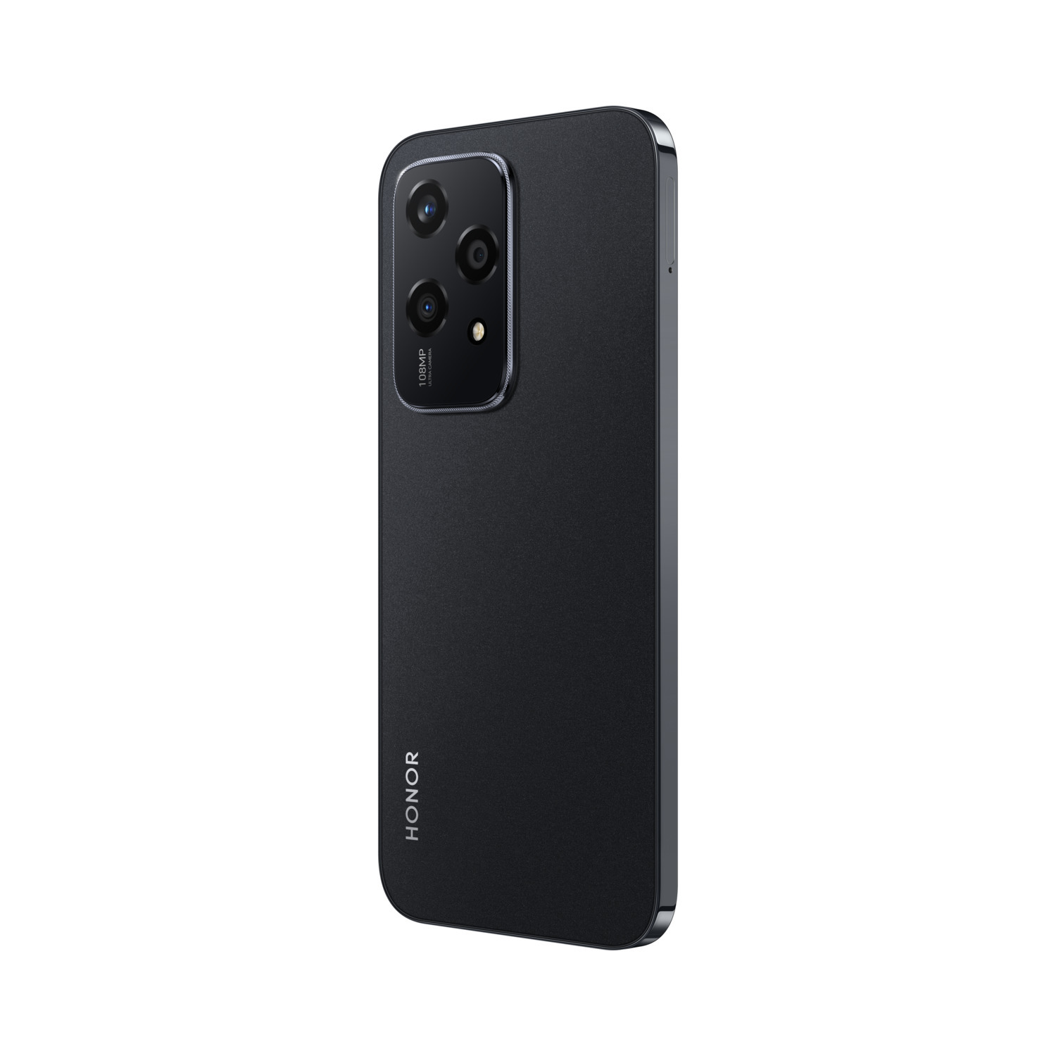 Zwarte HONOR telefoon achterkant met drievoudige cameramodule en HONOR logo op witte achtergrond.