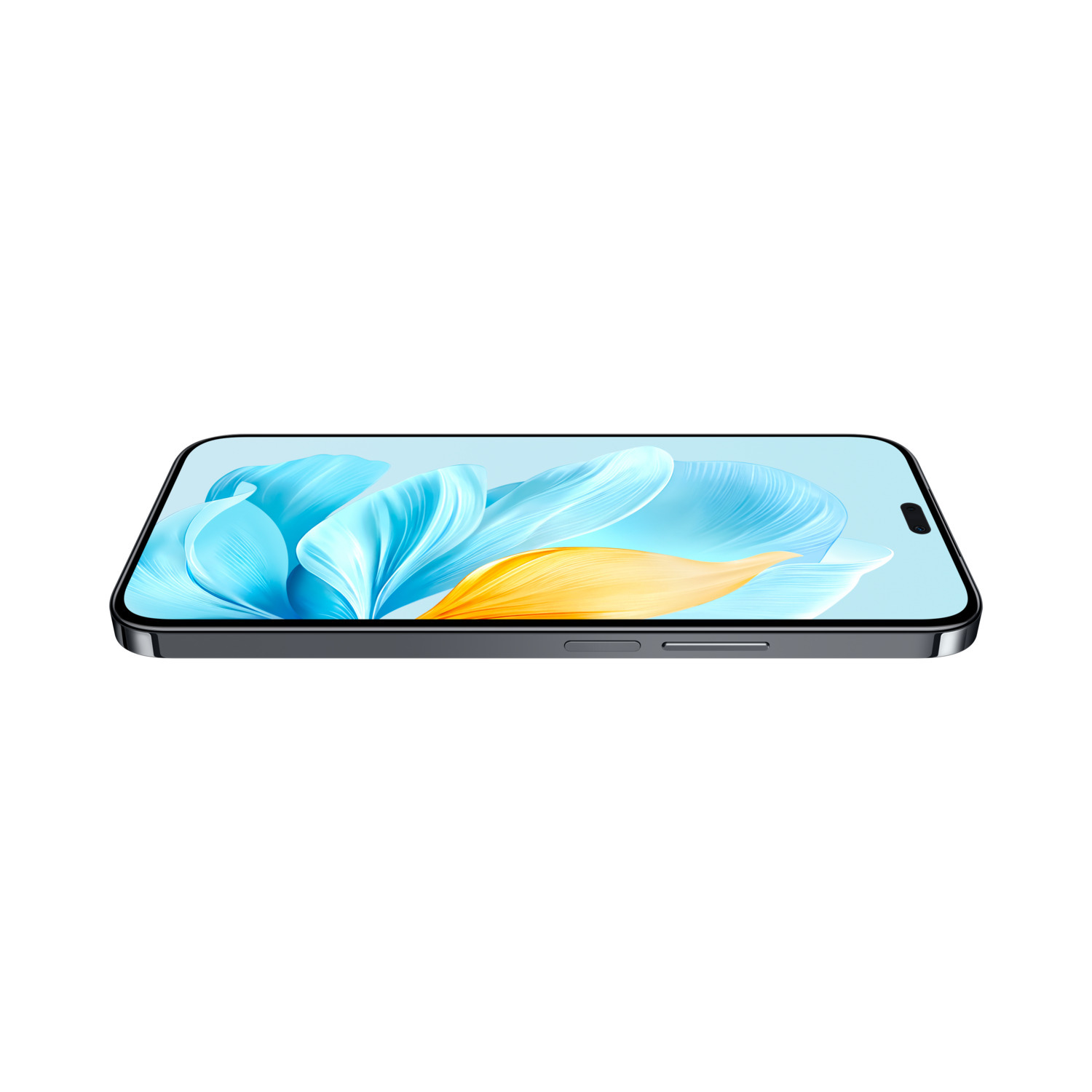 Een smartphone met een scherm met een bloemenpatroon. De telefoon is zwart en heeft een camera.