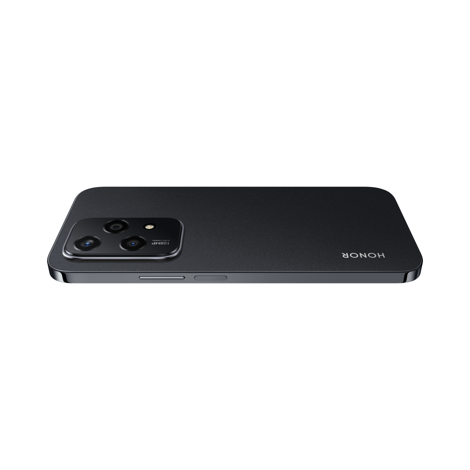 Zwarte smartphone, achteraanzicht. Het heeft een camera met HONOR-branding. De telefoon is grijs.